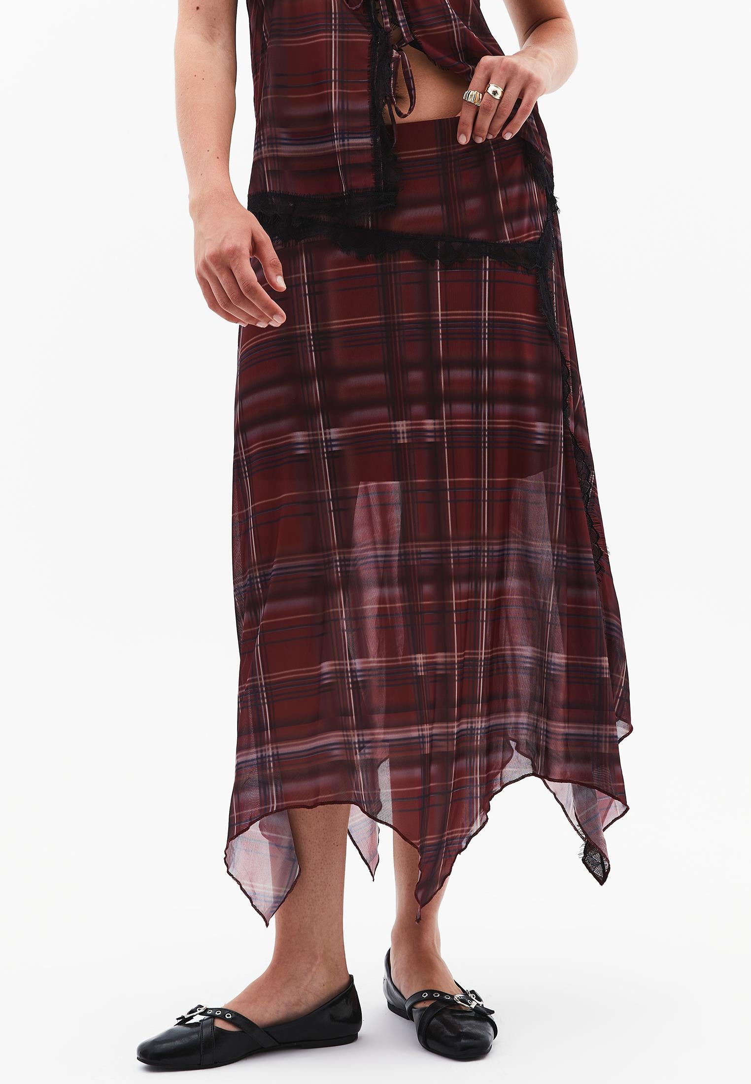 Printed Slit High Waist Flared Skirt - PLAID COMB