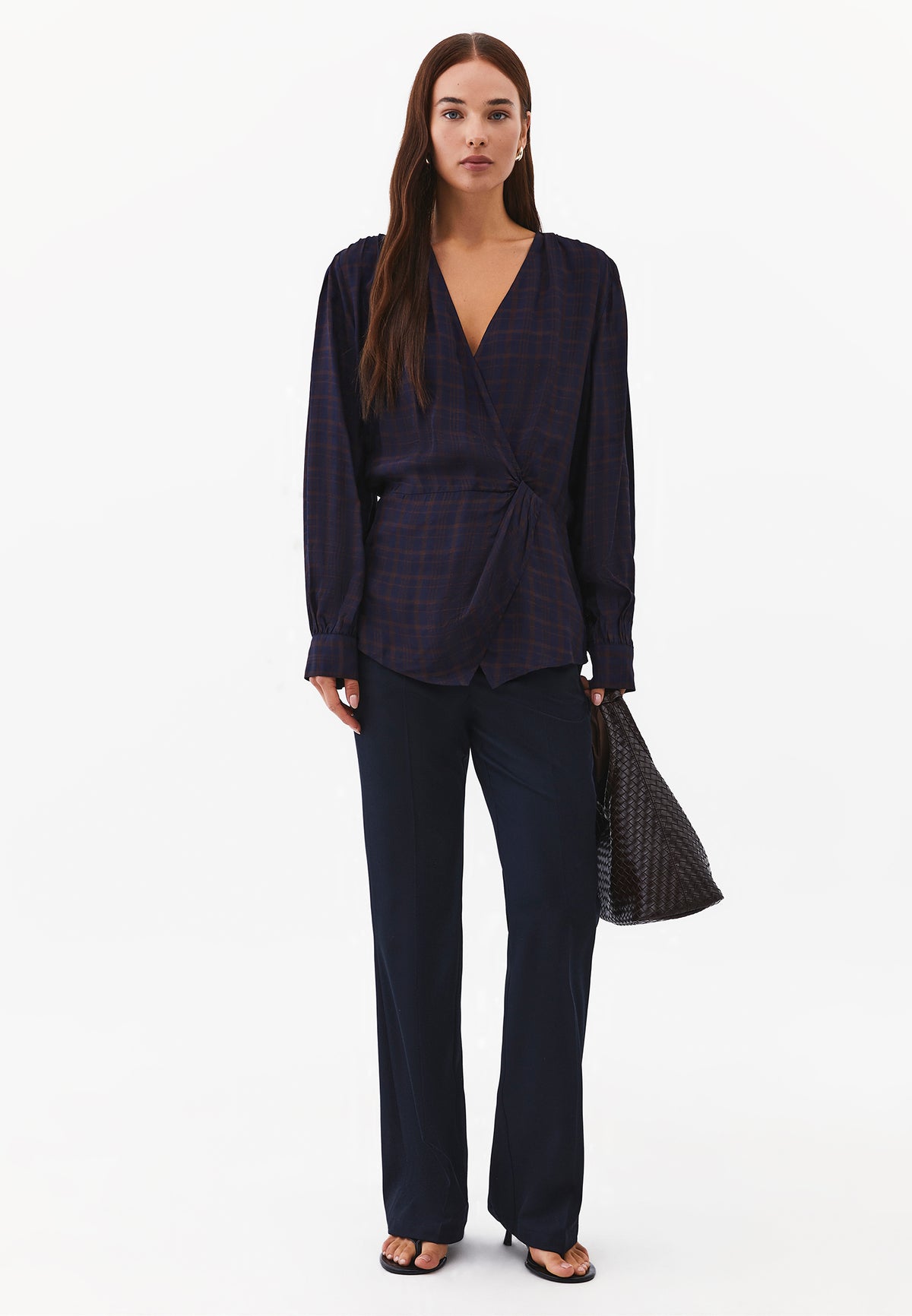 V-neck balloon sleeve long sleeve blouse - PLAID COMB
