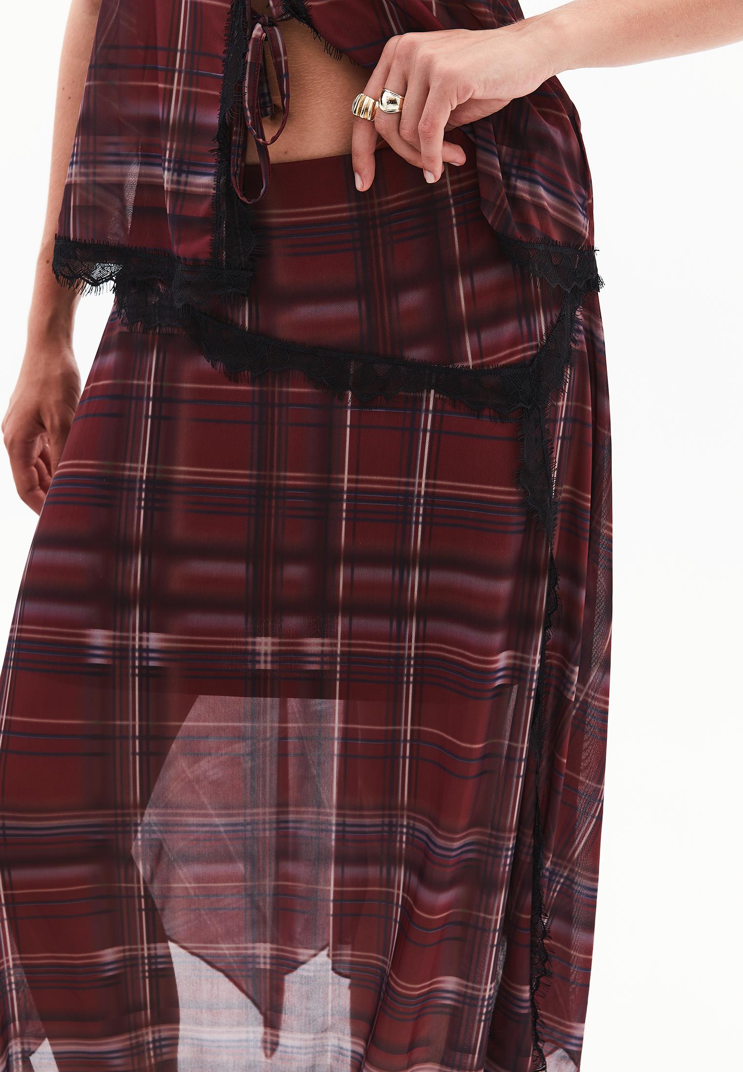 Printed Slit High Waist Flared Skirt - PLAID COMB
