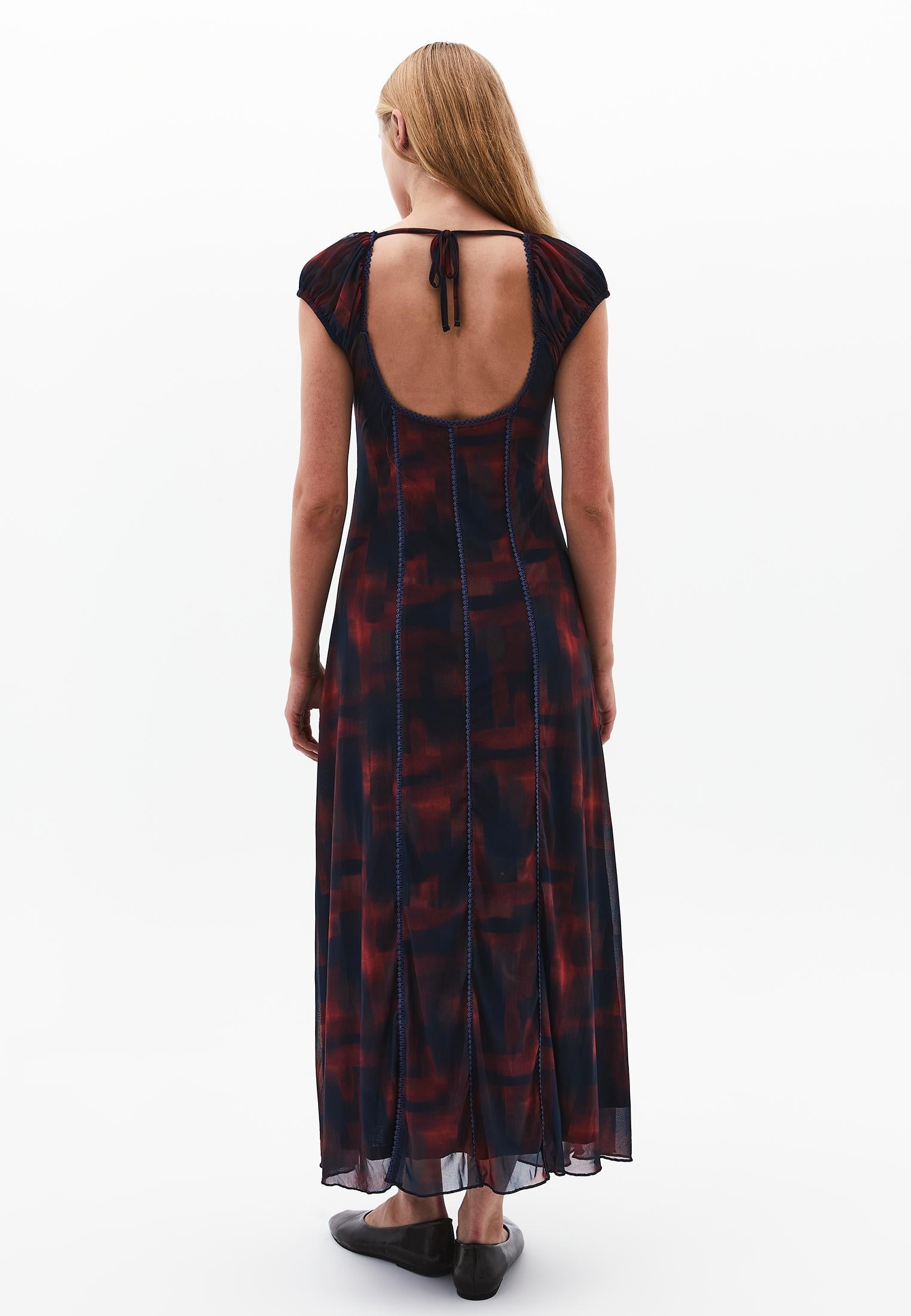Flared Square Neck Long Dress - PLAID COMB