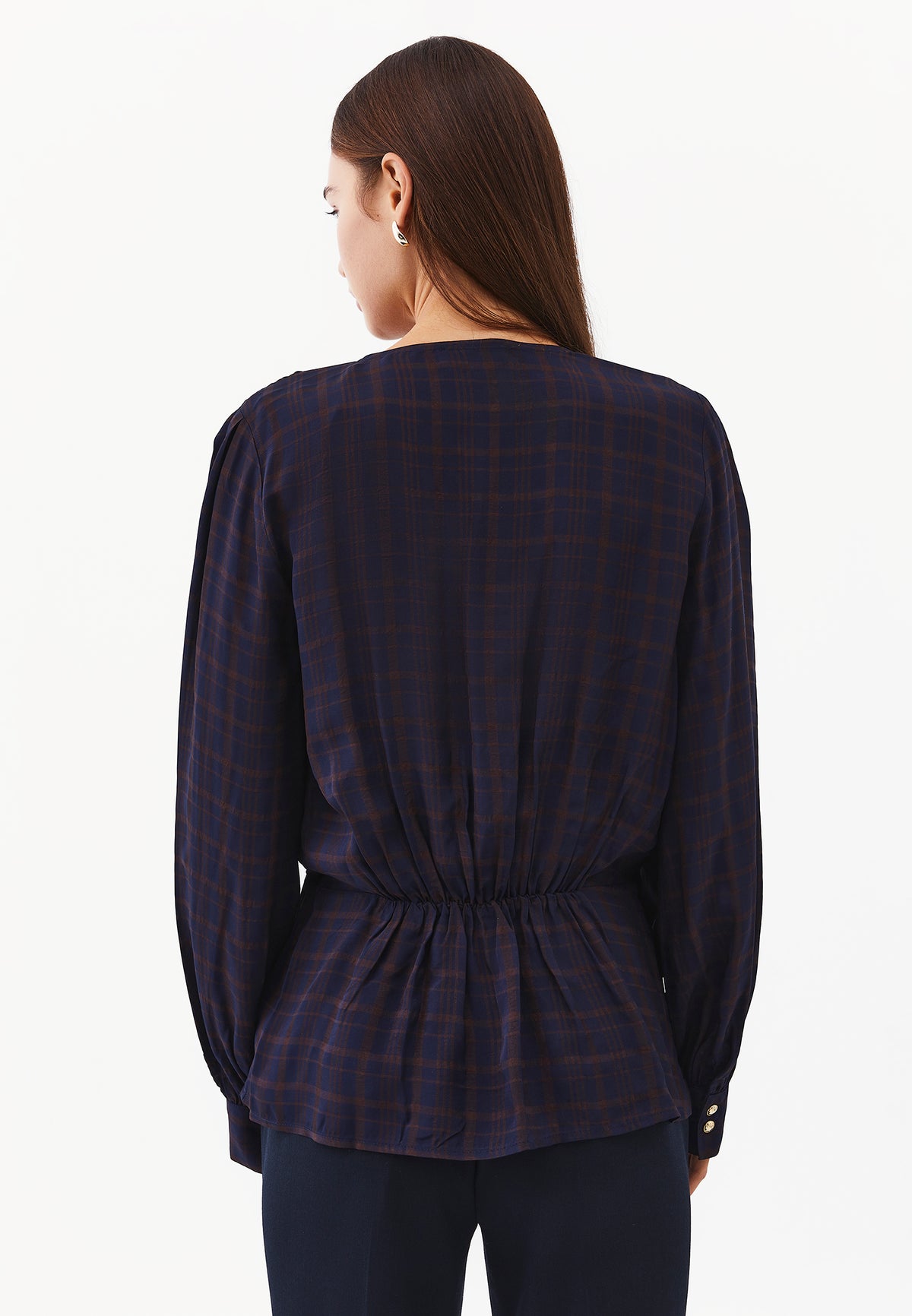 V-neck balloon sleeve long sleeve blouse - PLAID COMB