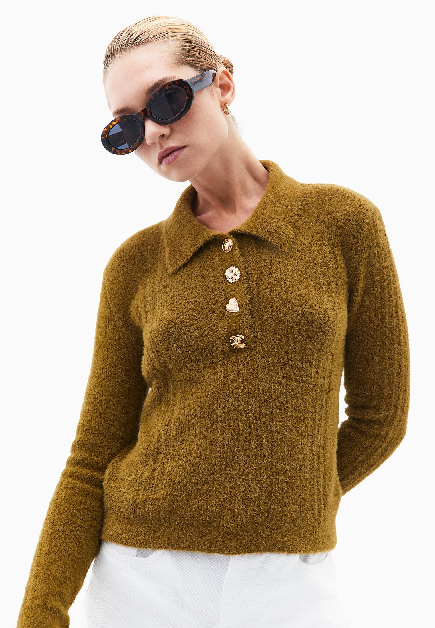 Sweater With Polo Collar And Knit Details - PLANTATION
