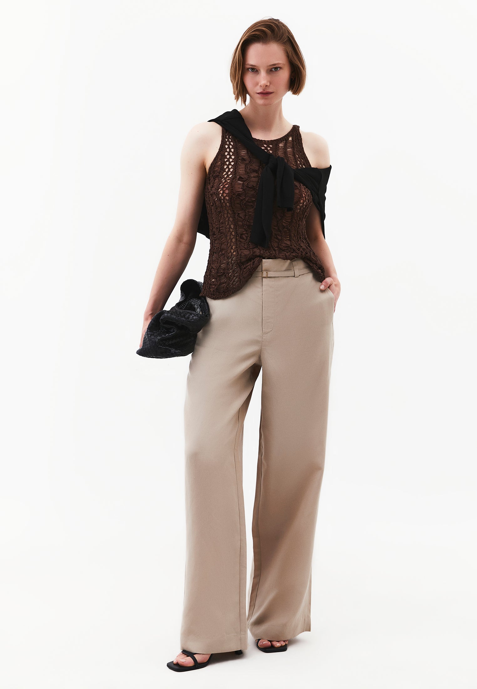 Straight Leg Pants With Belt Detail - PLAZA TAUPE