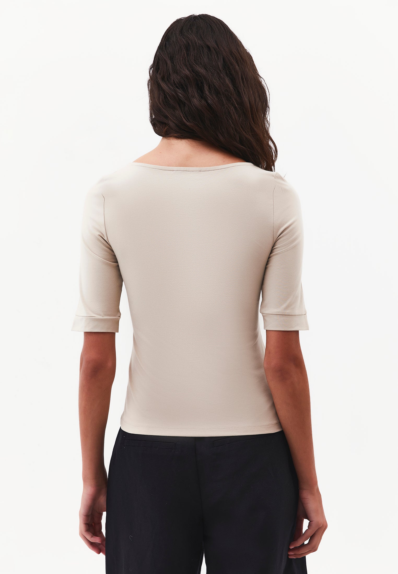 Boat Neck Half Sleeve Bodycon T-Shirt - PLAZA TAUPE