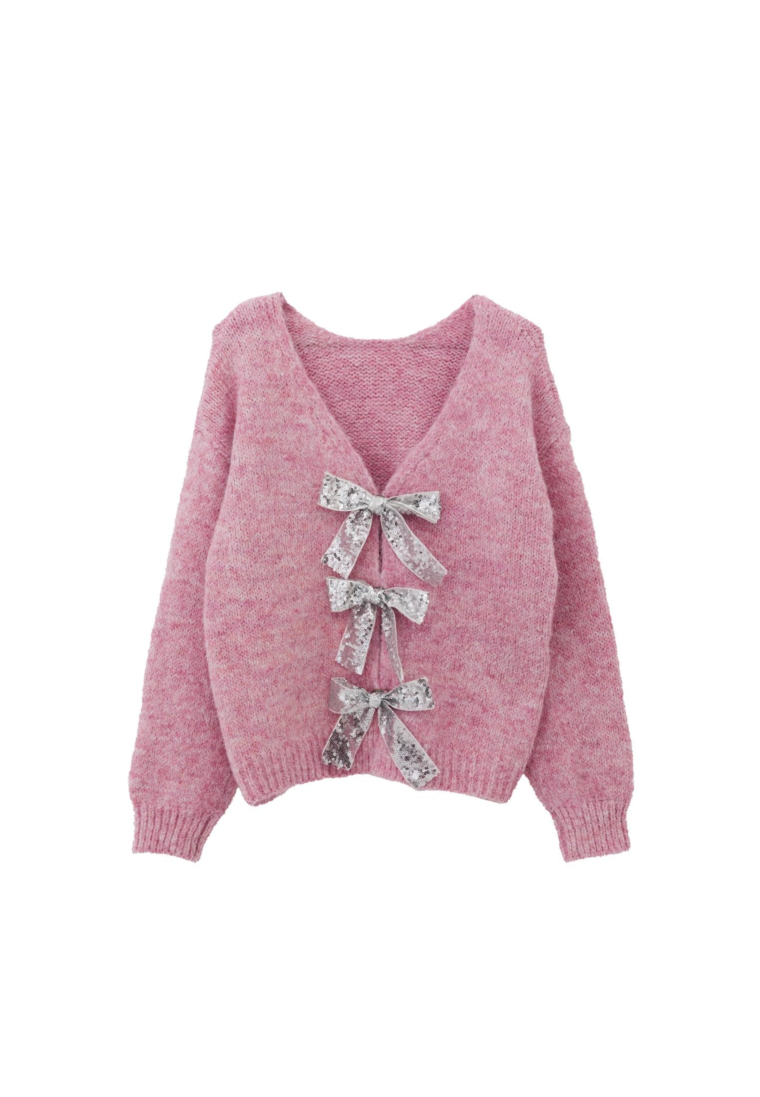 Bow Detailed V Neck Long Sleeve Cardigan - POLIGNAC MELANGE