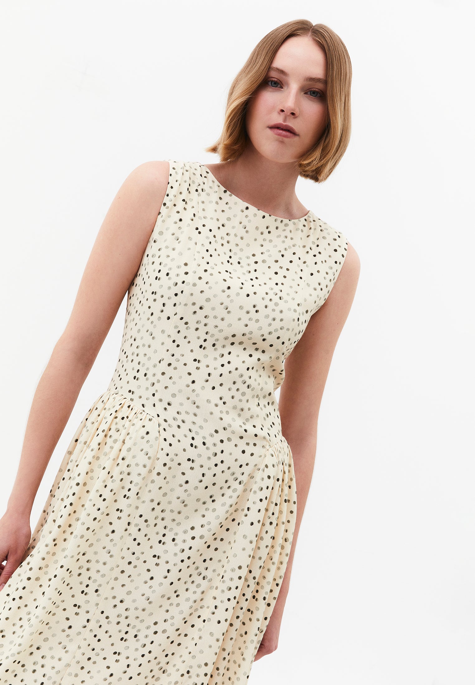 Ruched Boat Neck A-Line Midi Dress - POLKA DOT PRINT