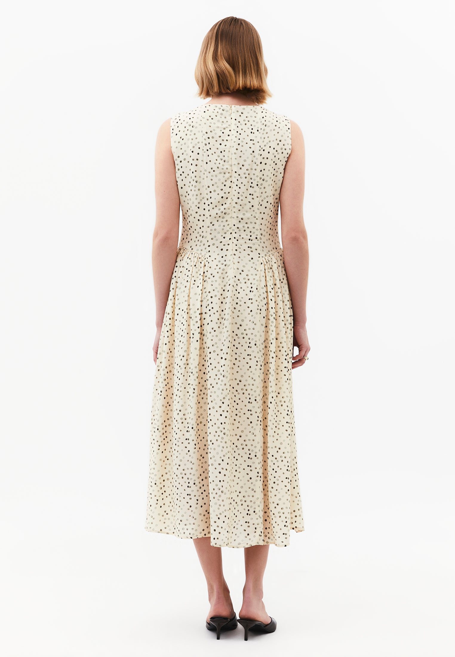 Ruched Boat Neck A-Line Midi Dress - POLKA DOT PRINT