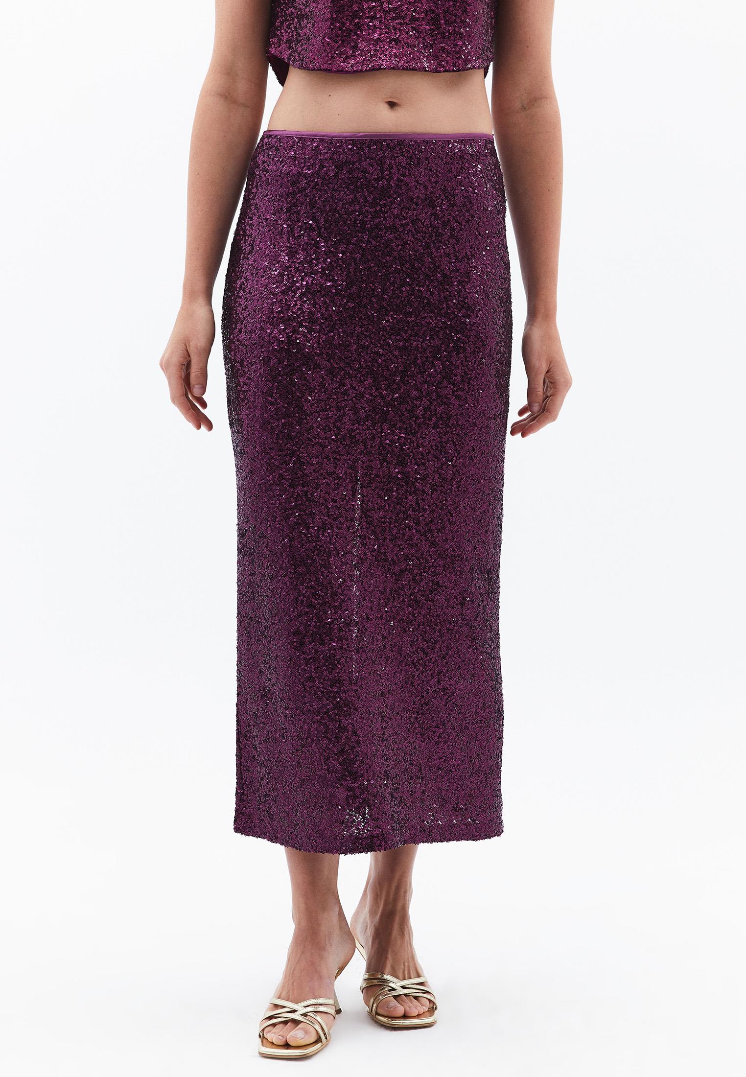 Midi Straight Skirt With Sequin And Slit Detail - POTENT PURPLE