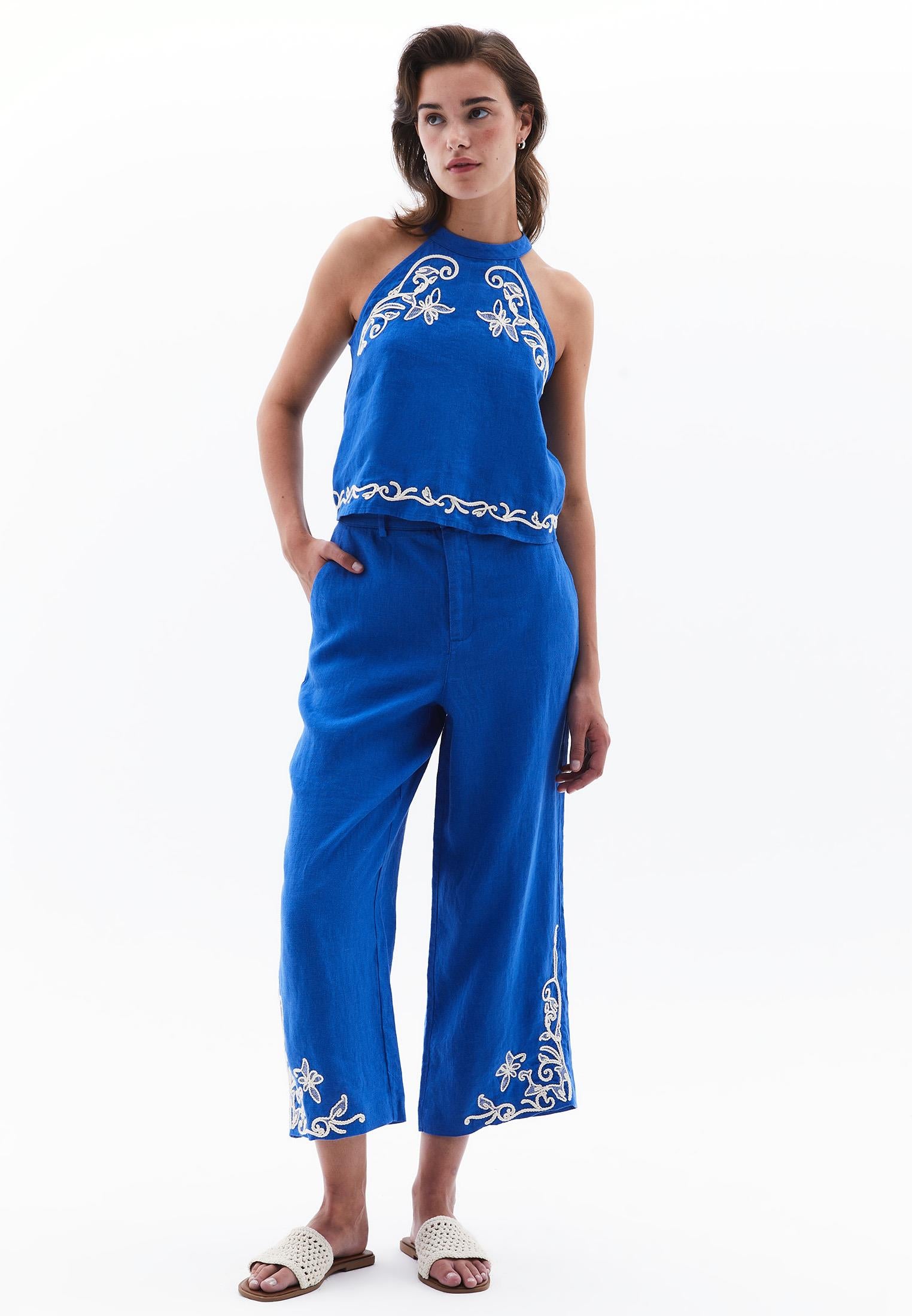 Ultra High Waist Embroidered Straight Leg Pants - PRINCESS BLUE
