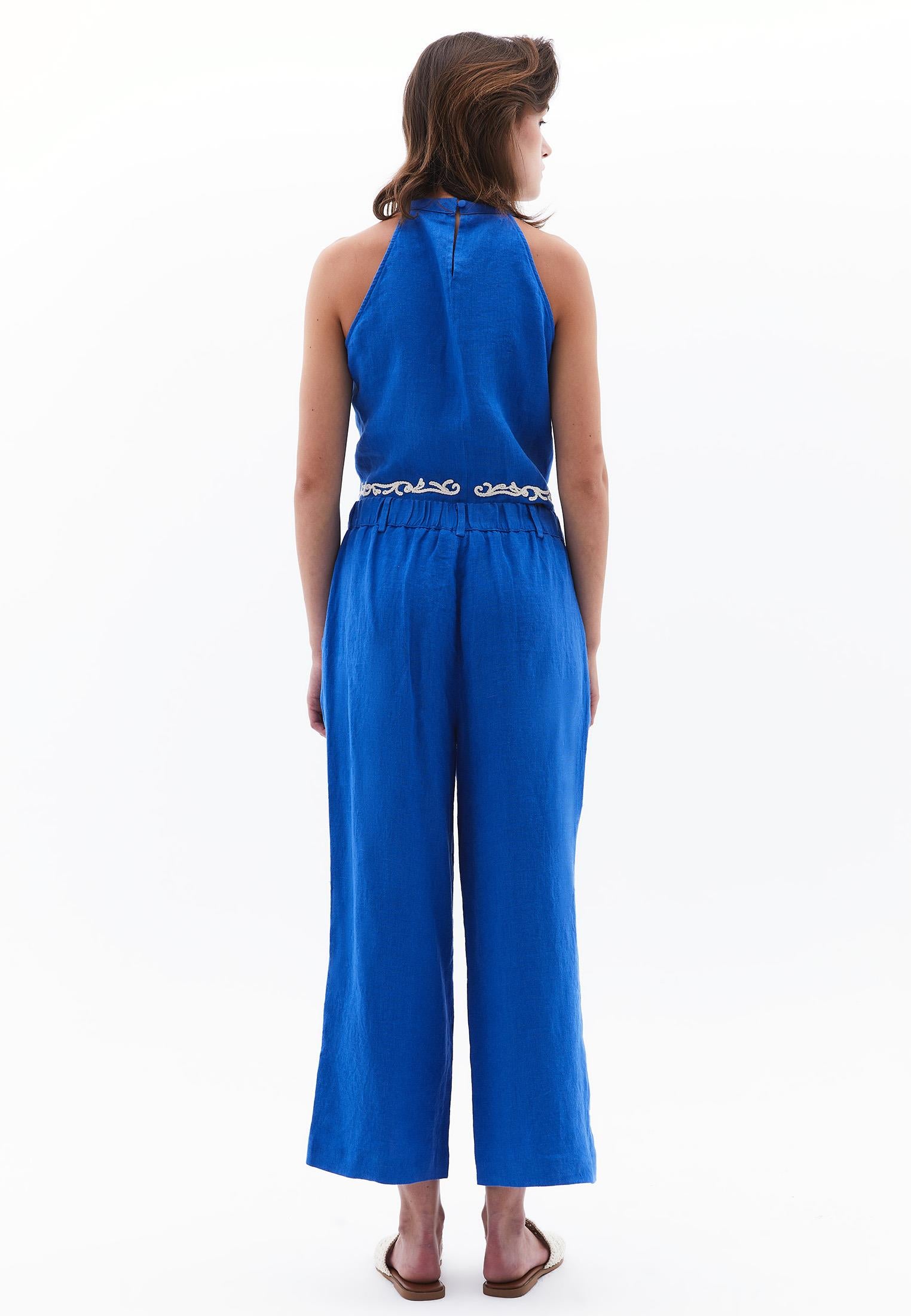 Ultra High Waist Embroidered Straight Leg Pants - PRINCESS BLUE