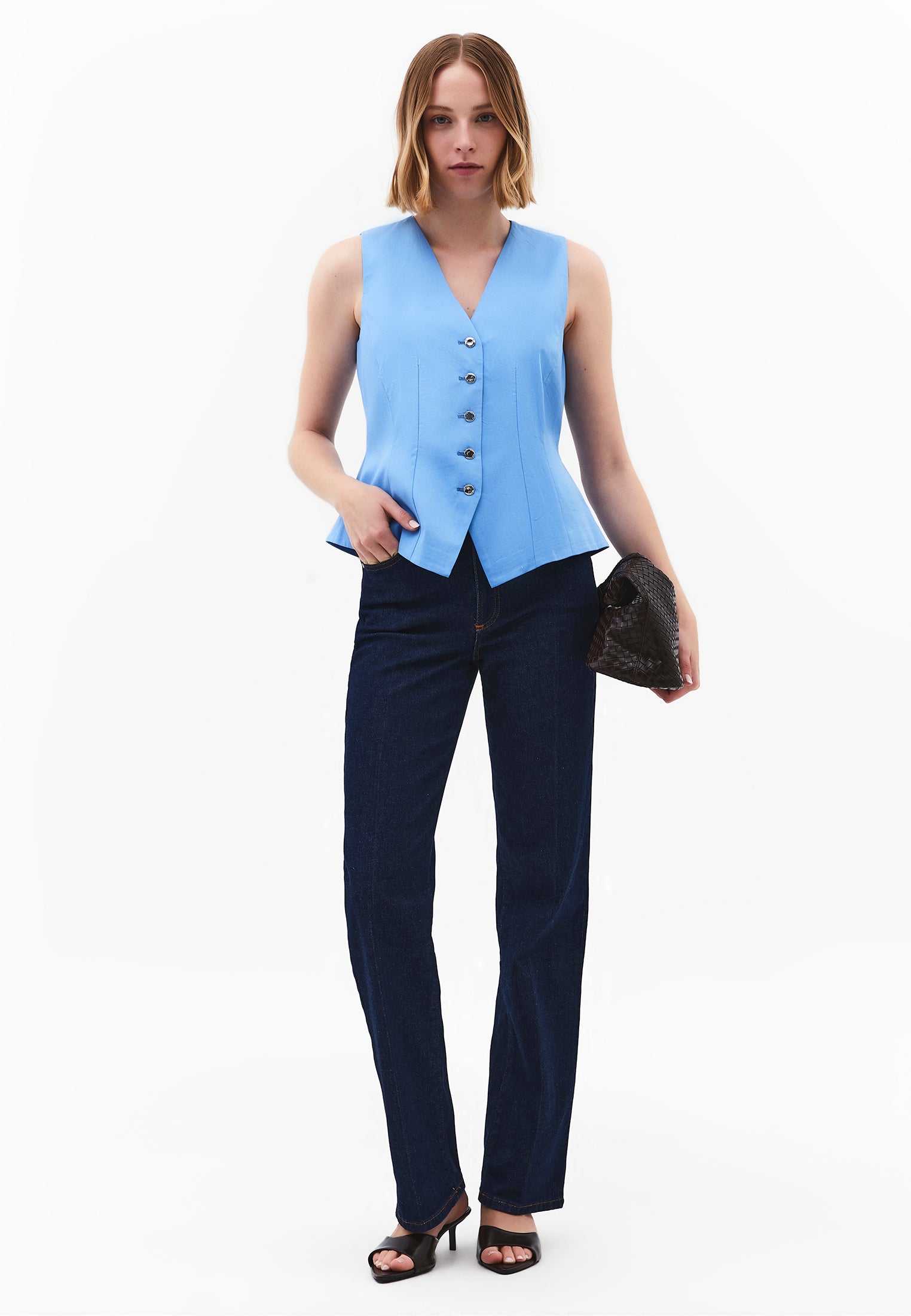 V Neck Button Detailed Sleeveless Vest - PROVENCE