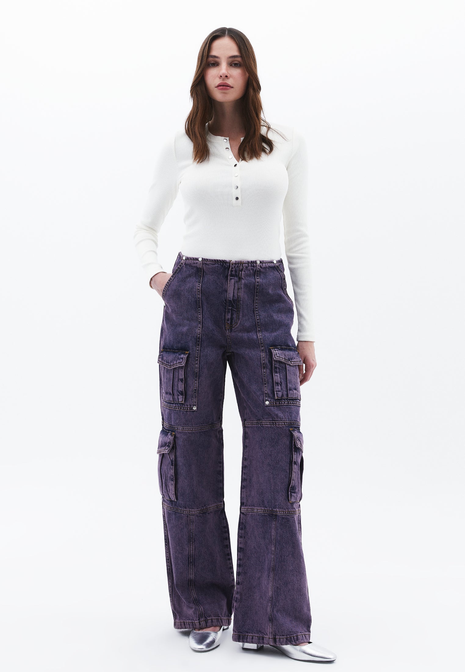 Wide Leg Cargo Pants - PURPLE MID DENIM