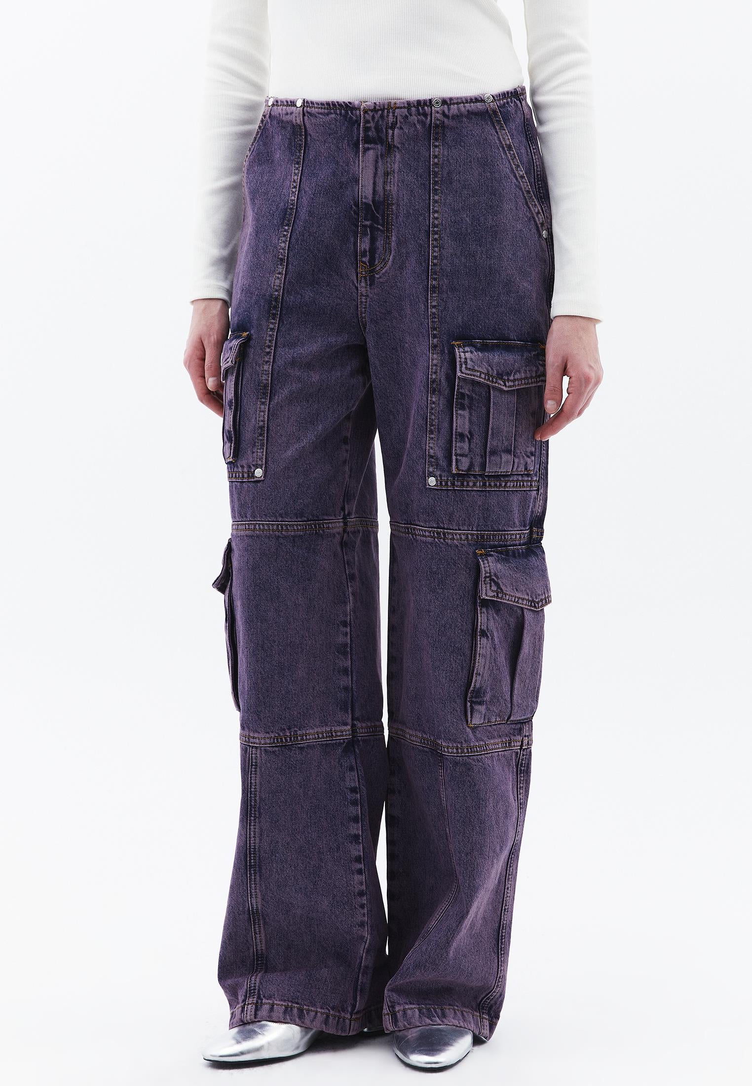 Wide Leg Cargo Pants - PURPLE MID DENIM