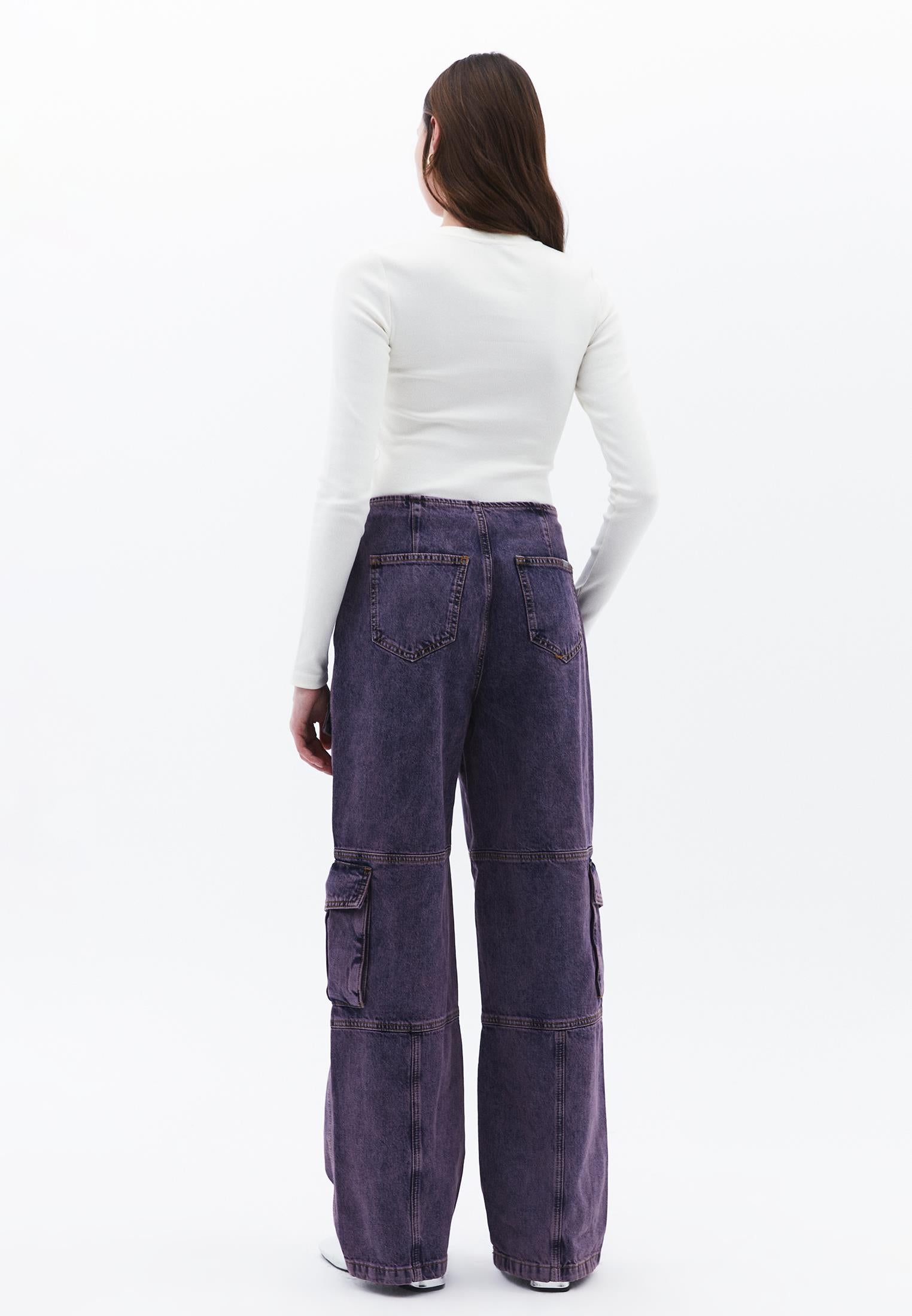 Wide Leg Cargo Pants - PURPLE MID DENIM