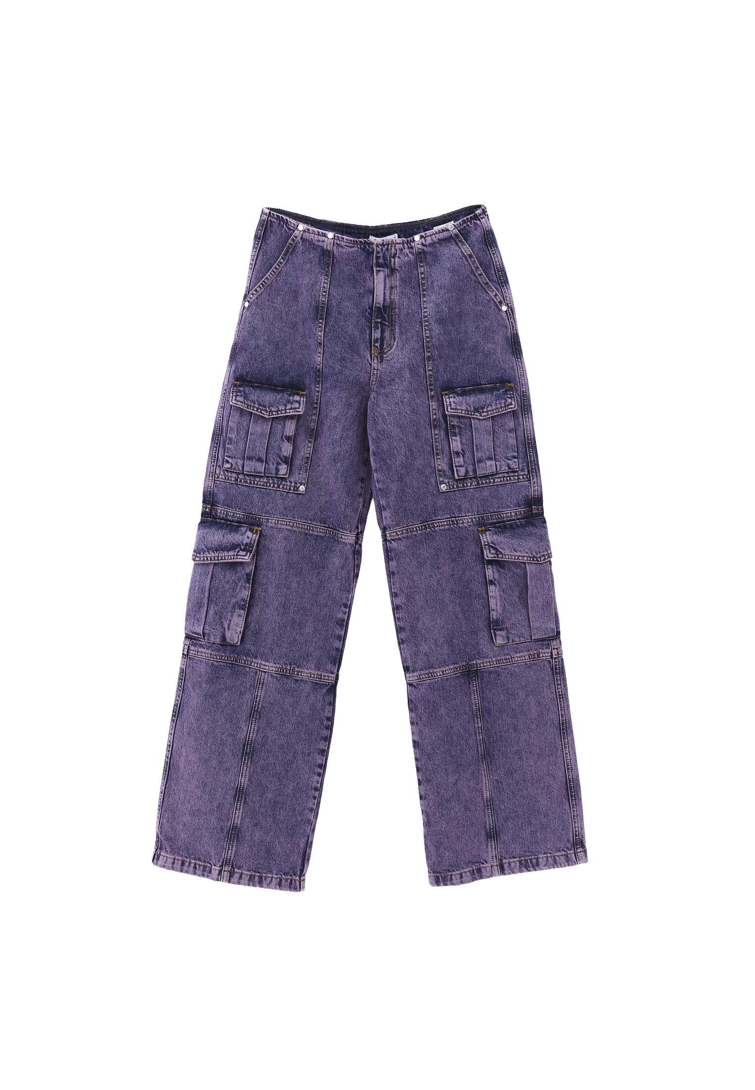 Wide Leg Cargo Pants - PURPLE MID DENIM