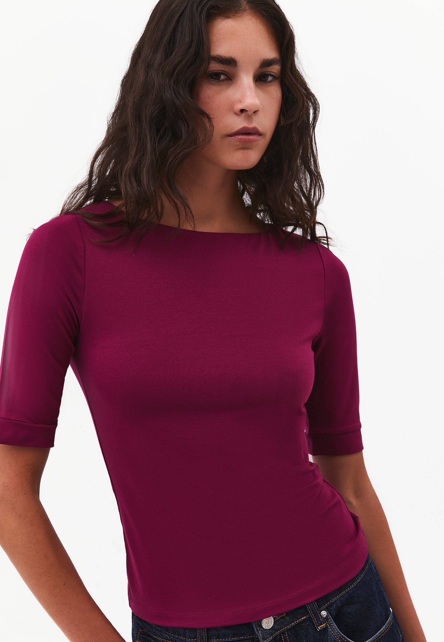 Boat Neck Half Sleeve Bodycon T-Shirt - PURPLE POTION