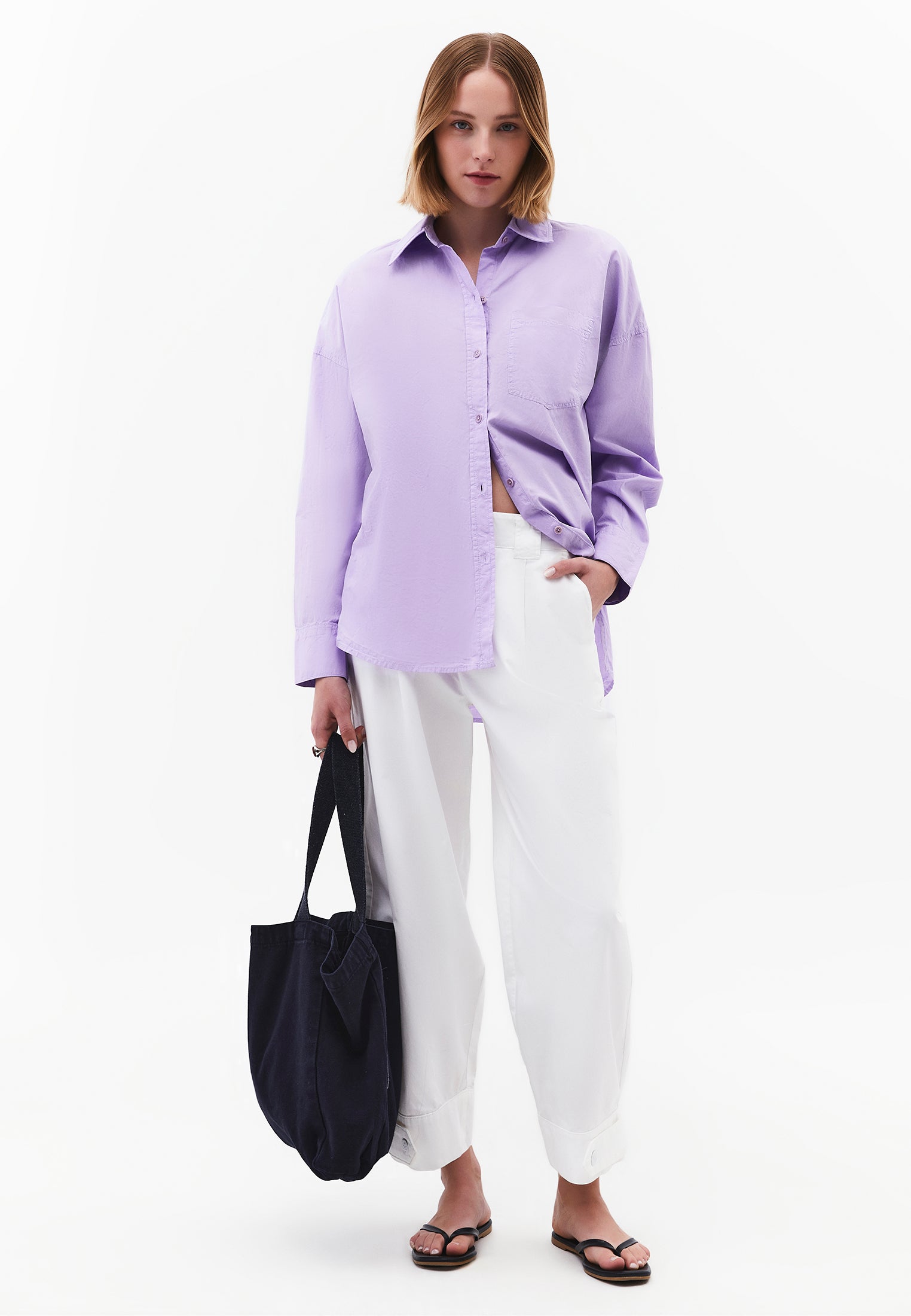 Oversized Long-Sleeve Shirt with Pocket Detail - PURPLE ROSE