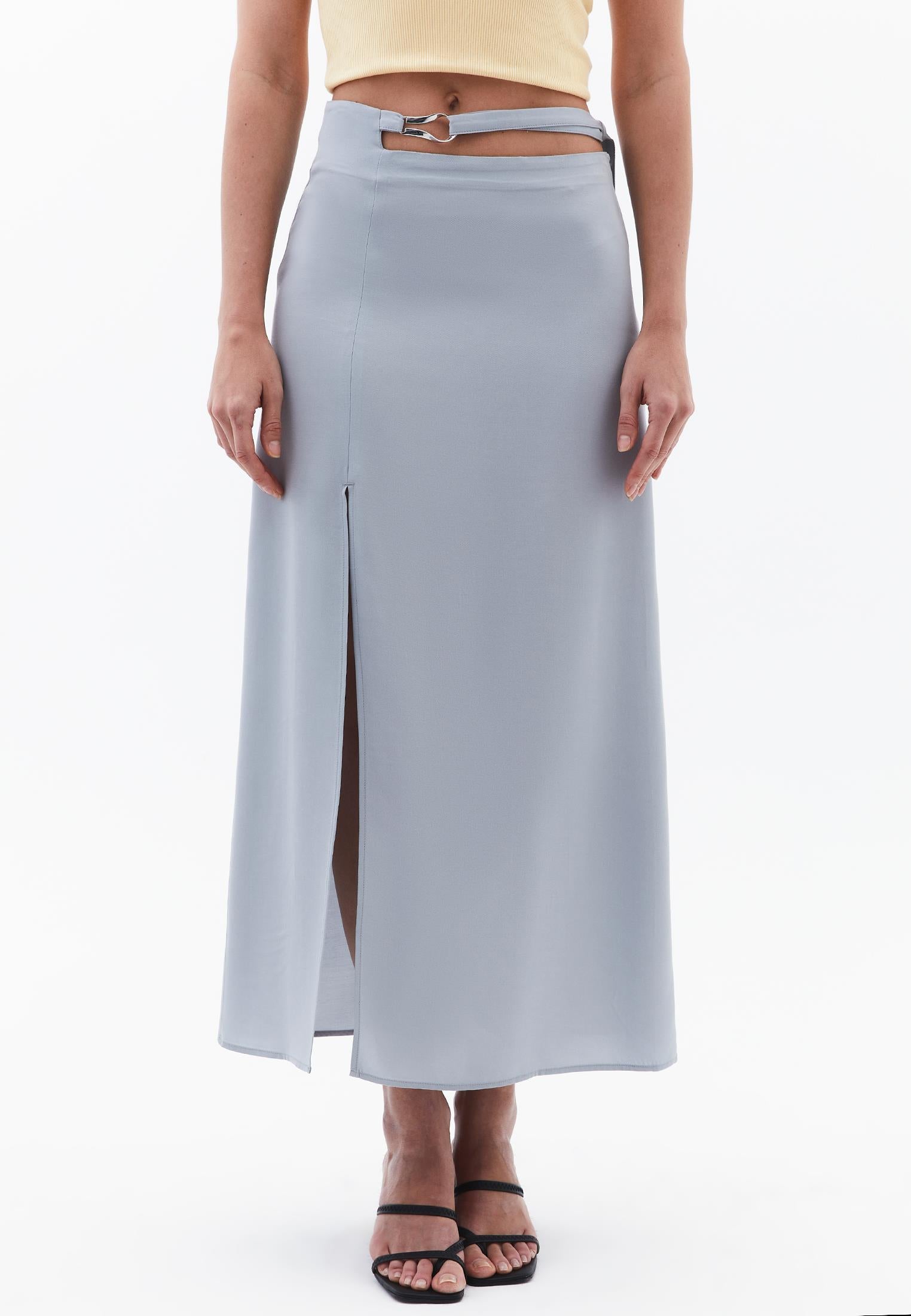 High Waist Buckle Slit Long Skirt - QUARRY