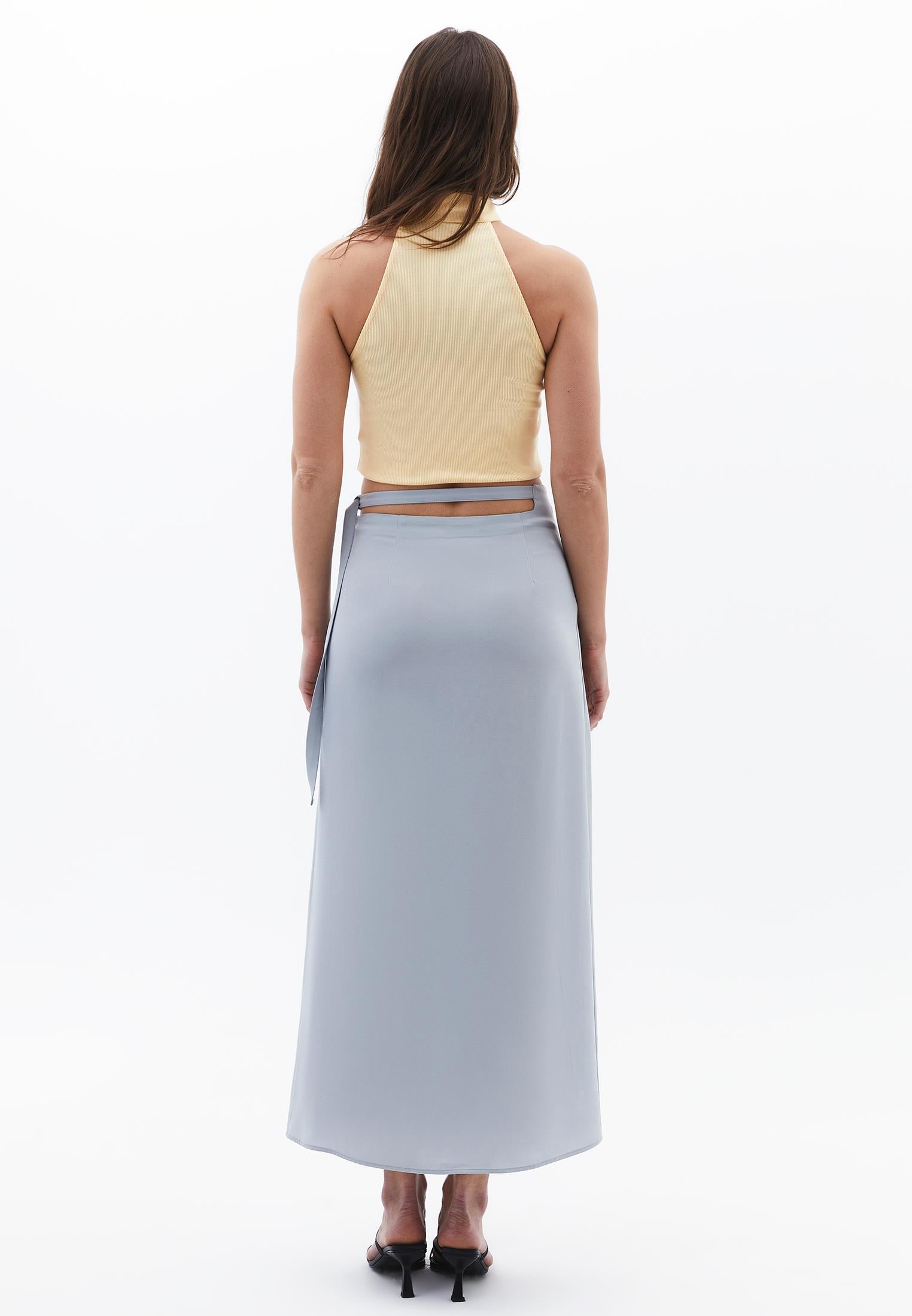 High Waist Buckle Slit Long Skirt - QUARRY