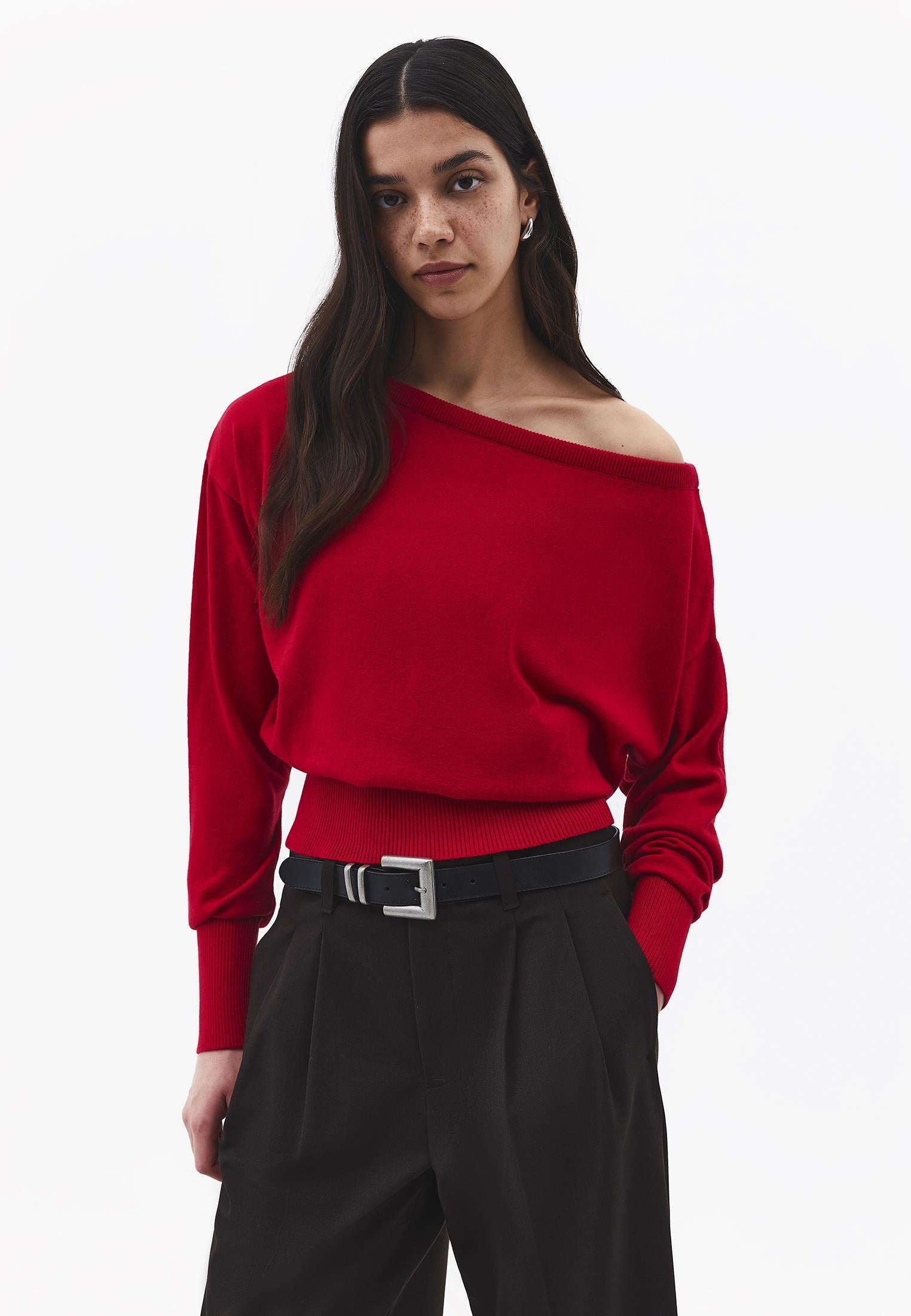 Boat Neck Long Sleeve Sweater - RACING RED