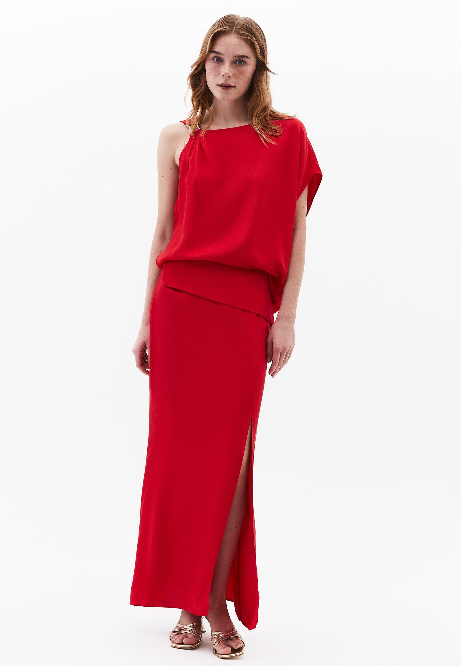 High Waist Long Satin Skirt - RACING RED