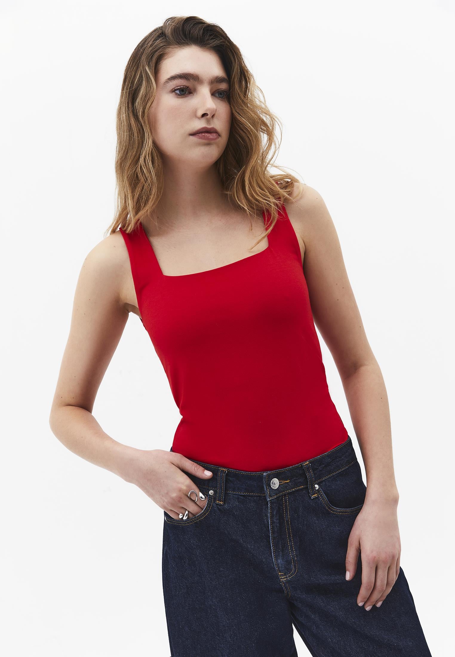 Square Neck Bodycon Tank Top - RACING RED
