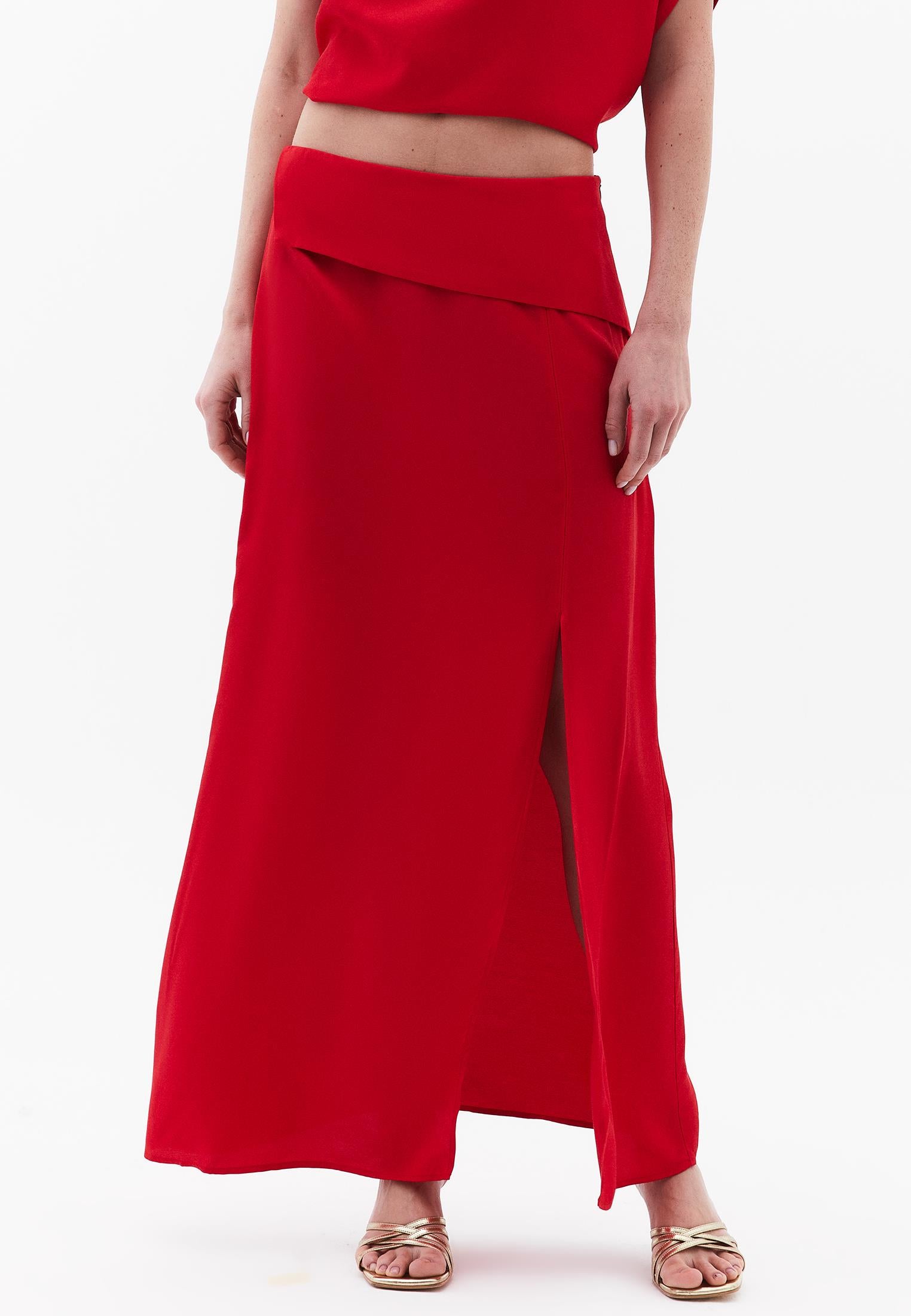 High Waist Long Satin Skirt - RACING RED