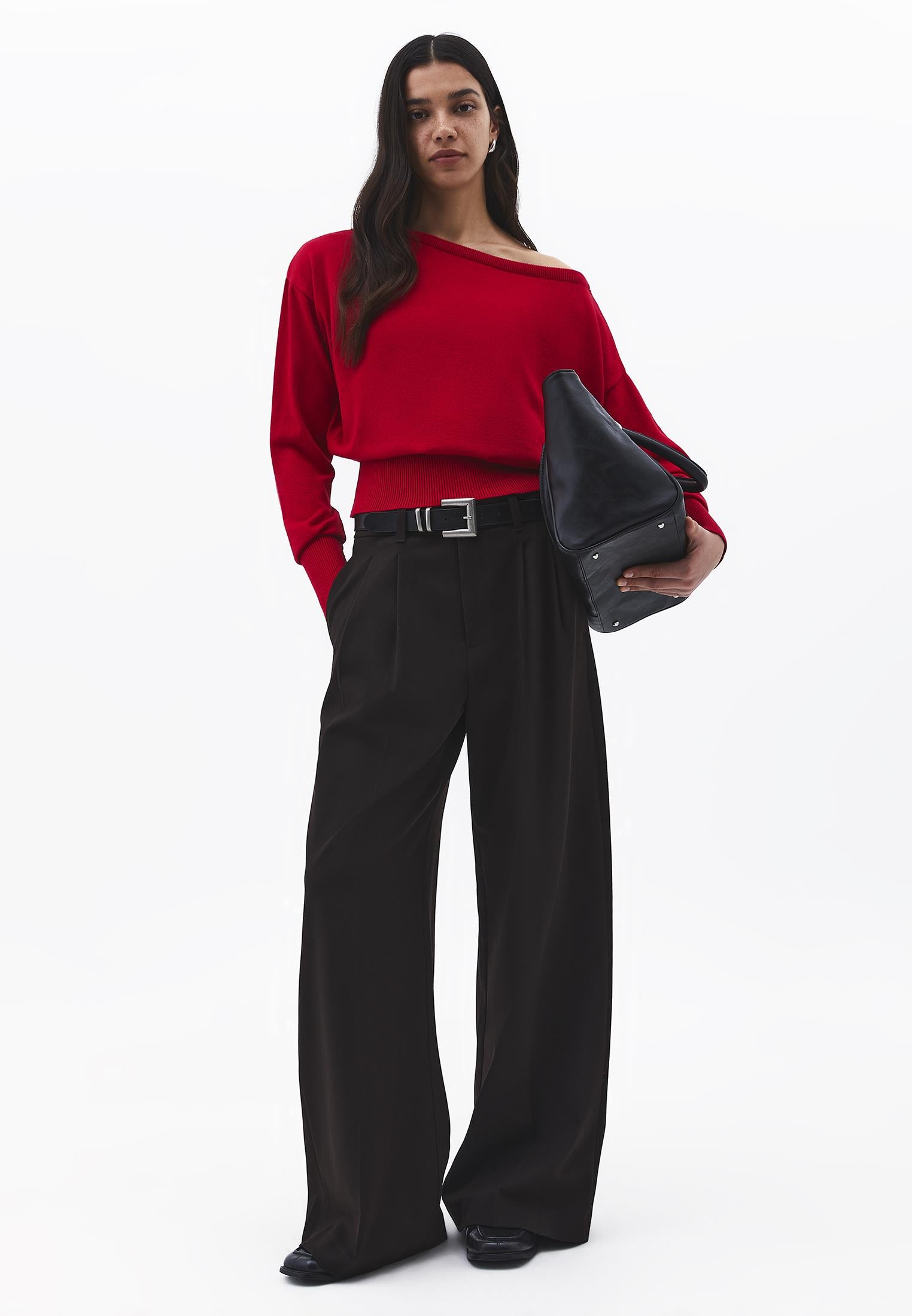 Boat Neck Long Sleeve Sweater - RACING RED
