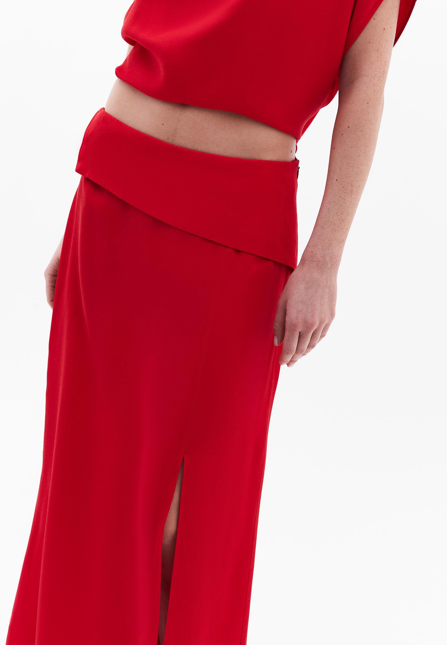 High Waist Long Satin Skirt - RACING RED