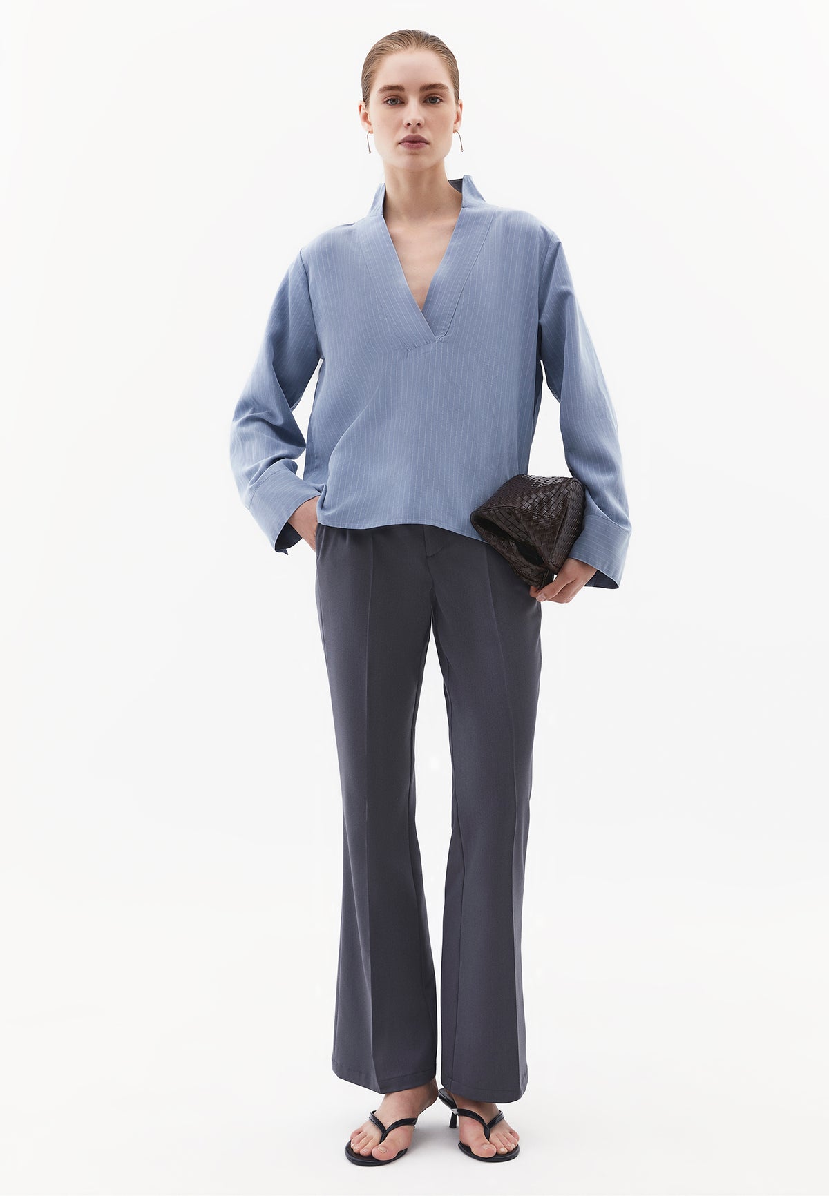 V-Neck Oversize Long Sleeve Women's Shirt - RAIN WASHED
