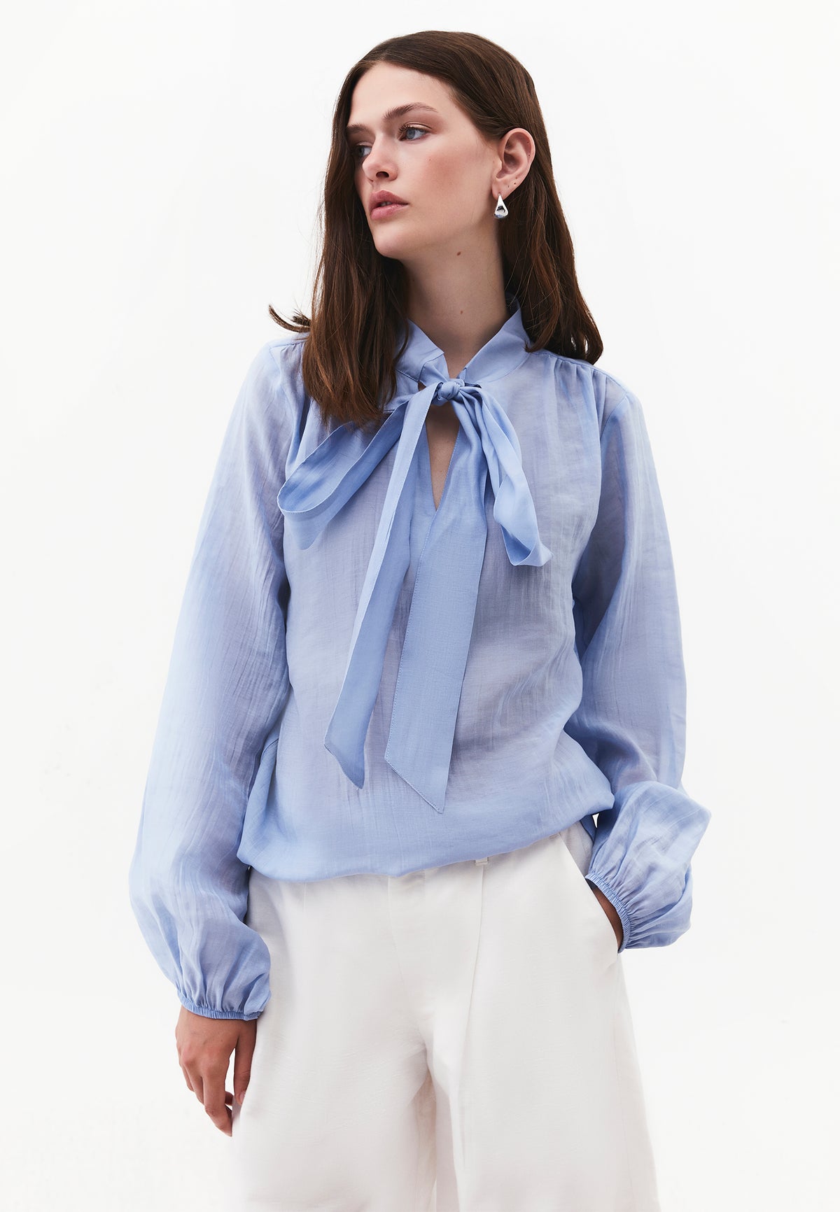 Long Sleeve Deep V-Neck Tie Front Blouse - RAIN WASHED