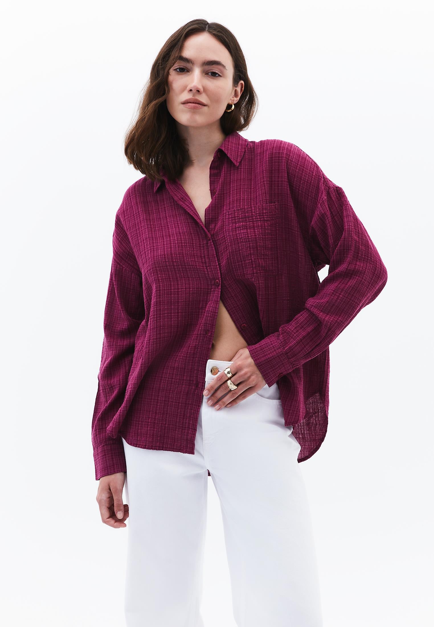 Button Detailed Oversize Long Sleeve Shirt - RASBERRY COULIS