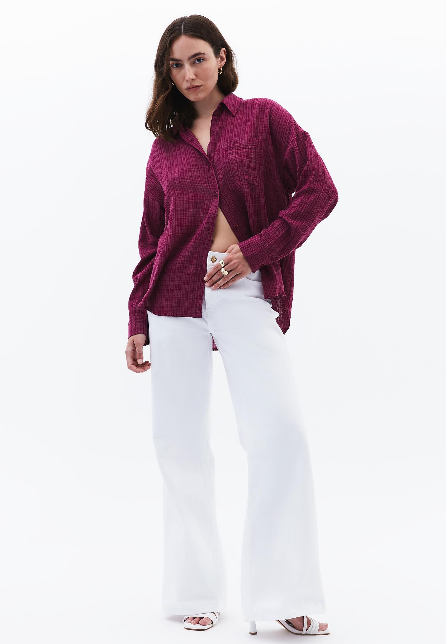 Button Detailed Oversize Long Sleeve Shirt - RASBERRY COULIS