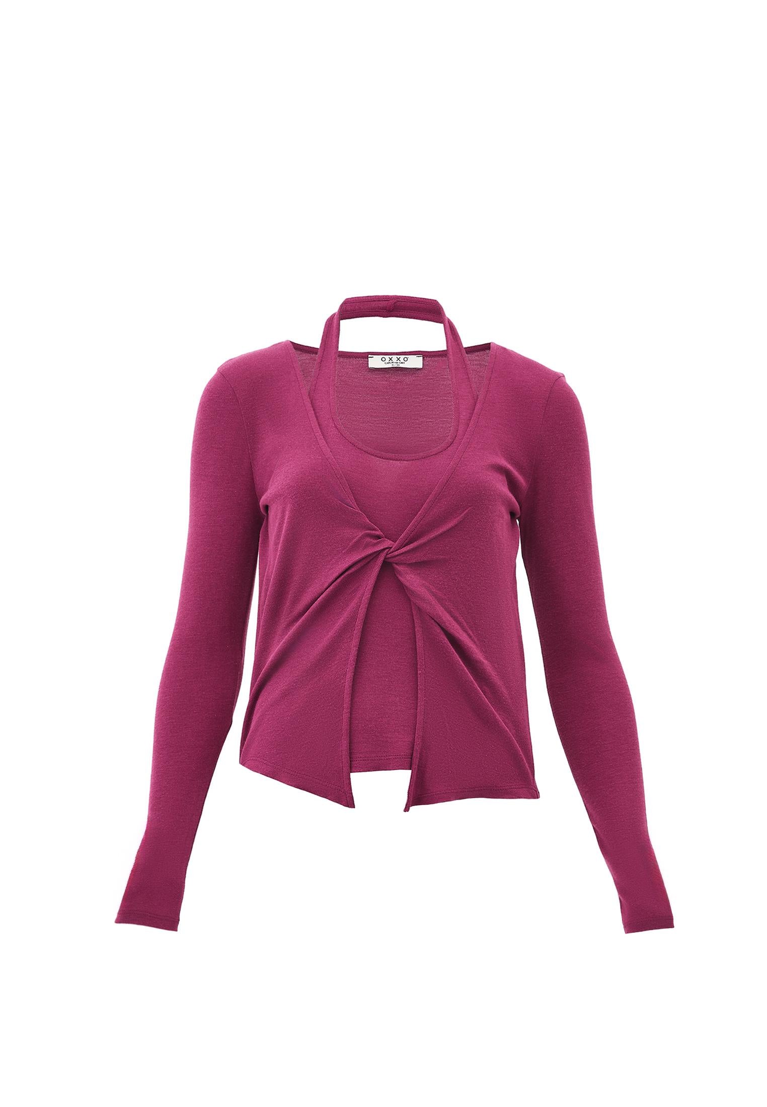 V Neck Long Sleeve T-Shirt - RASBERRY COULIS