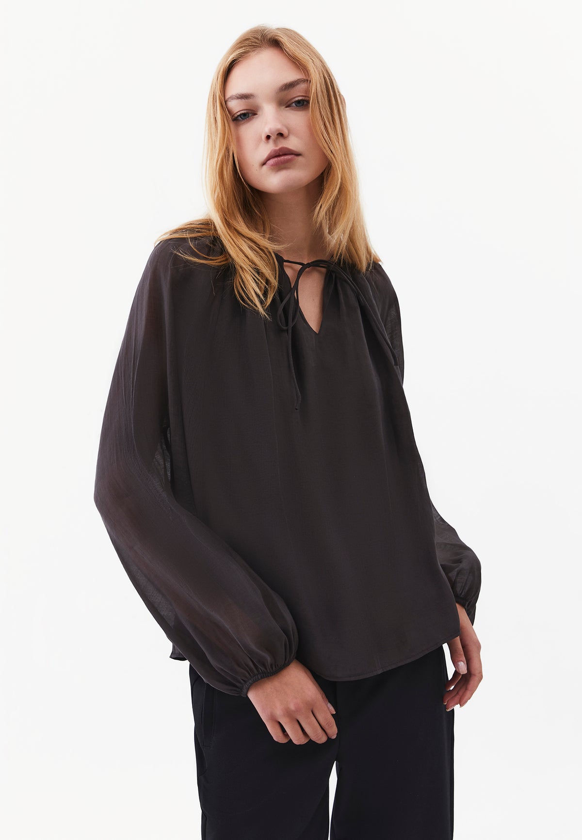 Long Sleeve V-Neck Blouse with Elastic Detailing - RAVEN