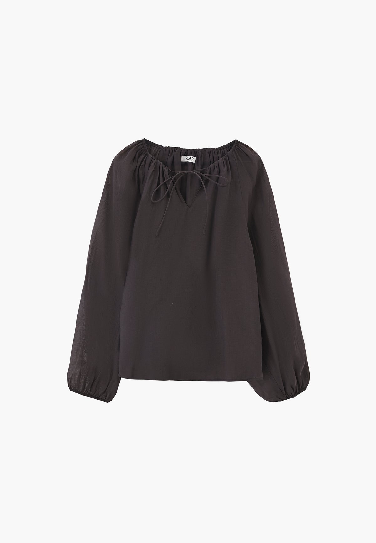 Long Sleeve V-Neck Blouse with Elastic Detailing - RAVEN
