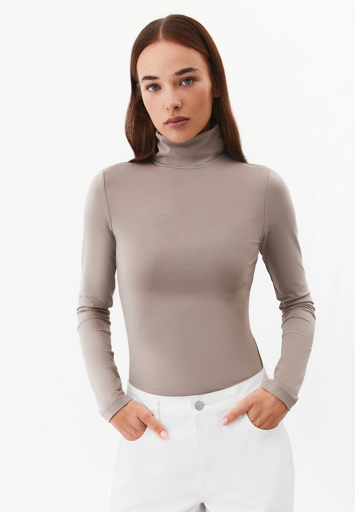 Turtleneck Long Sleeve Bodycon Top - ROASTED CASHEW