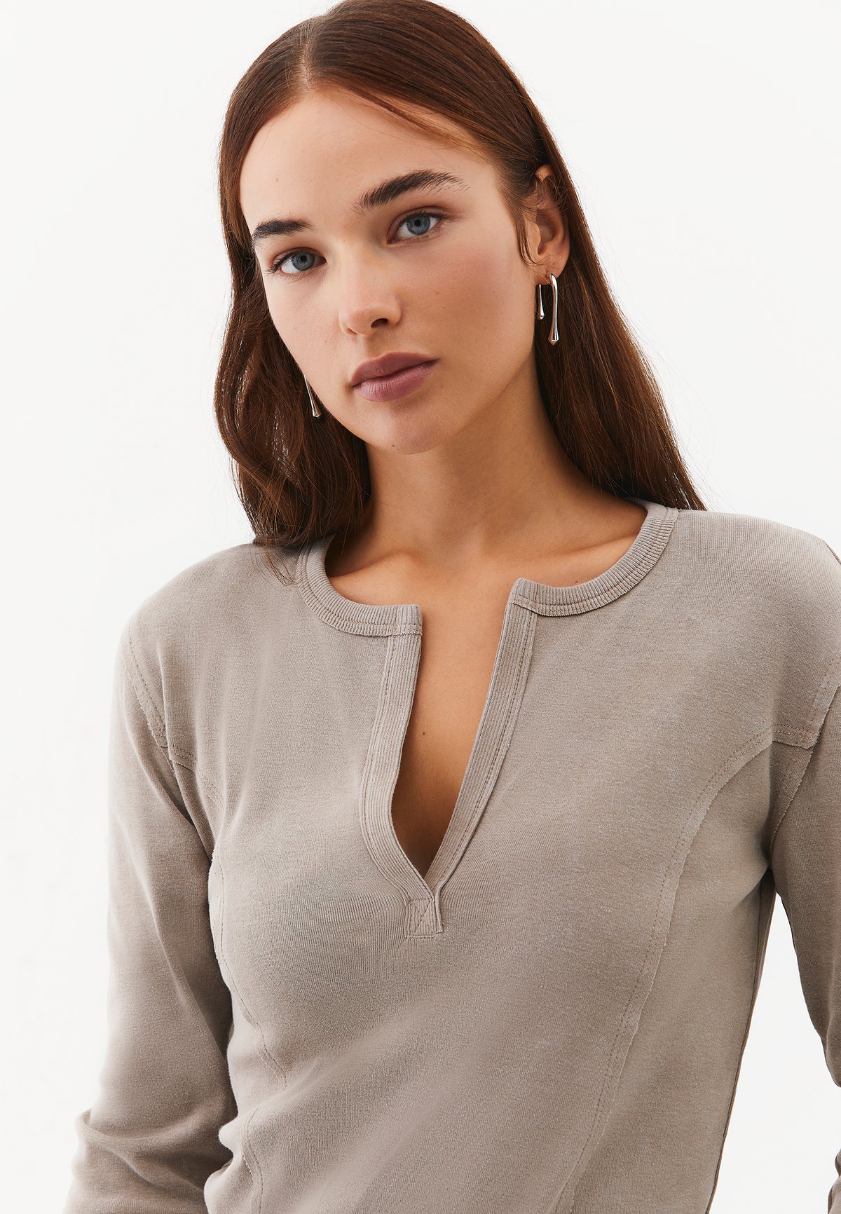 V-Neck Cut-Out Long Sleeve T-Shirt - ROASTED CASHEW