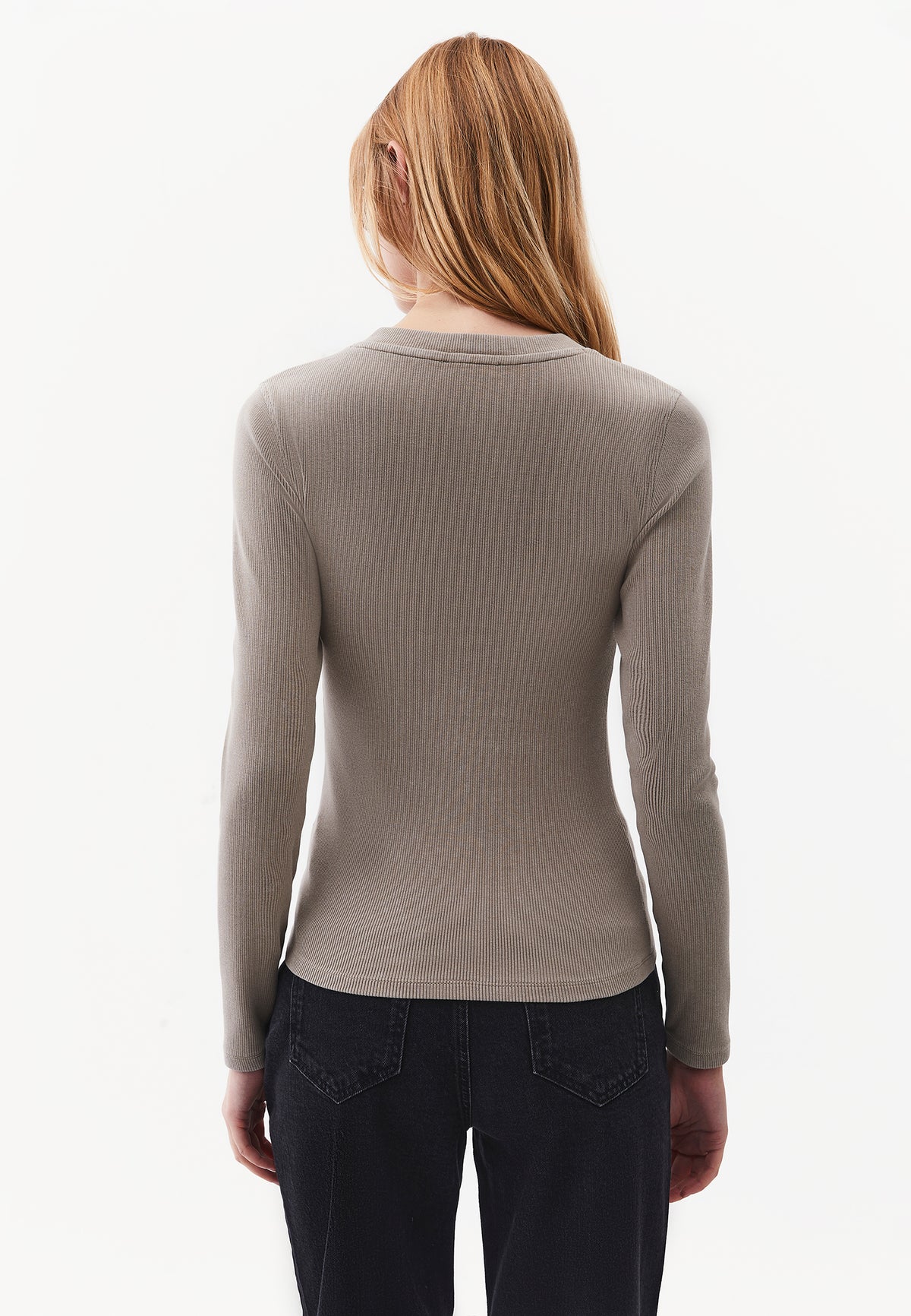 Crew Neck Long Sleeve Bodycon T-Shirt - ROASTED CASHEW