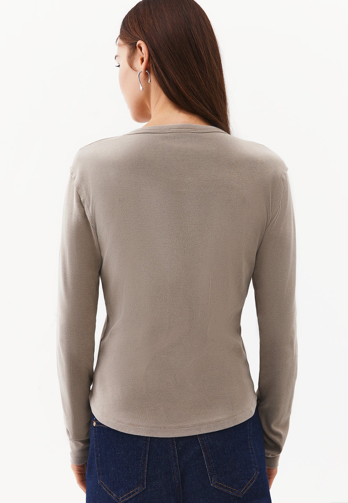V-Neck Cut-Out Long Sleeve T-Shirt - ROASTED CASHEW