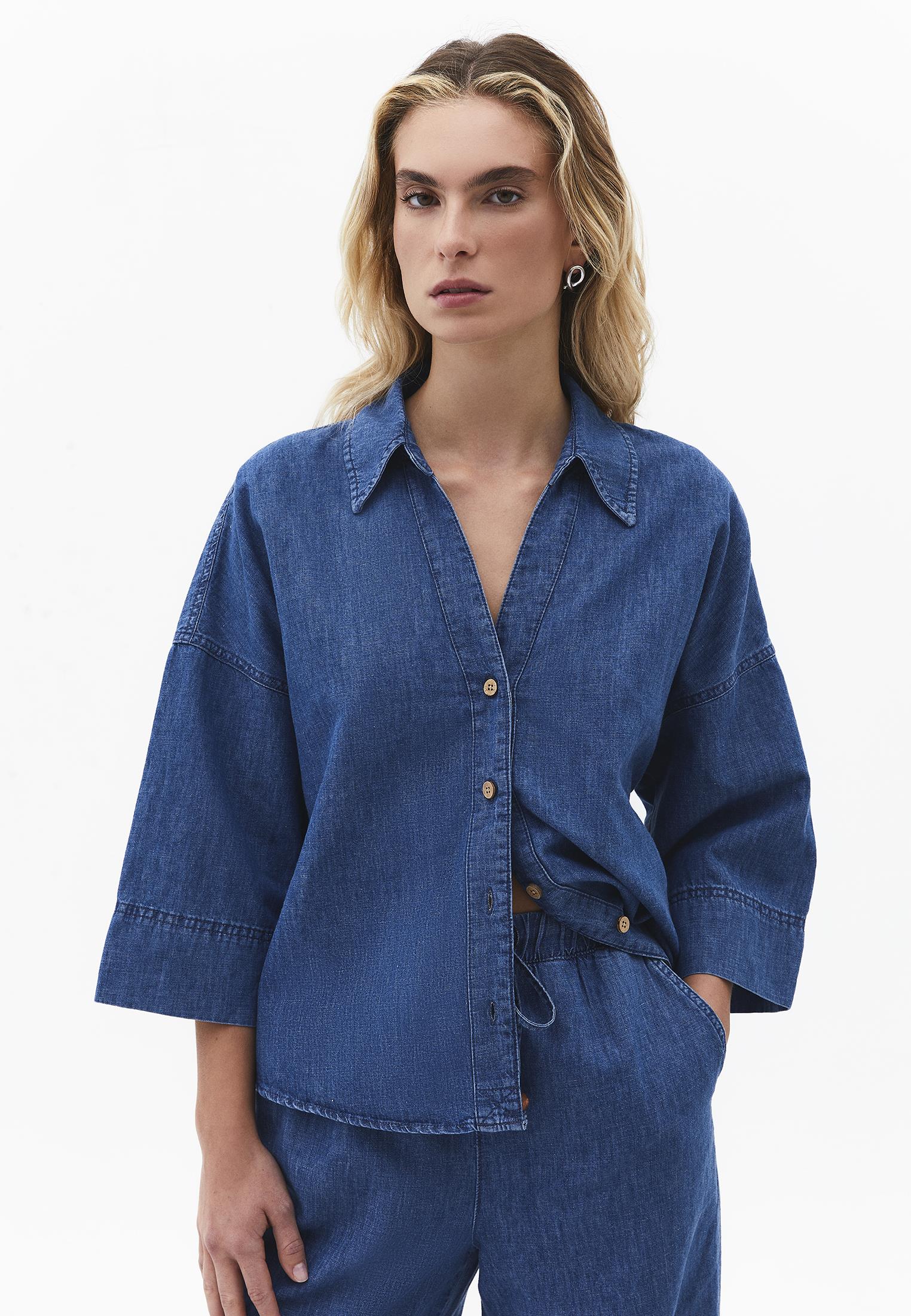 Oversize Shirt Collar Three Quarter Sleeve Denim Shirt - RODEO BLUE DENIM