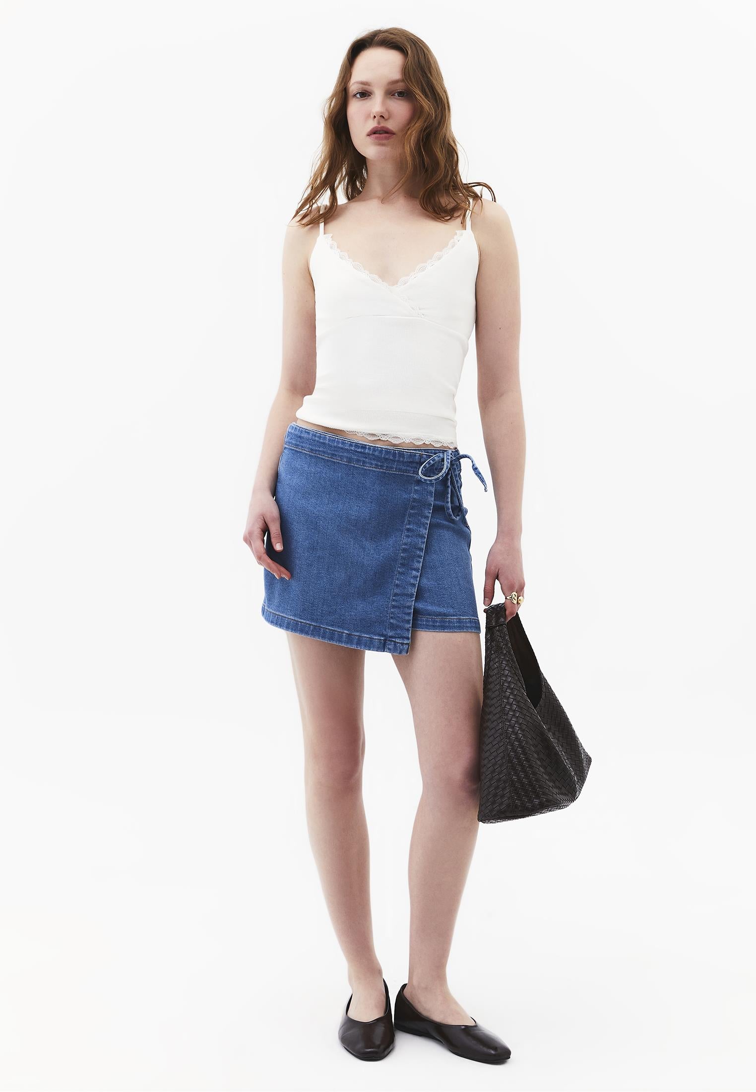 Ultra High Waist Tie-Around A-Line Denim Shorts - RODEO BLUE DENIM