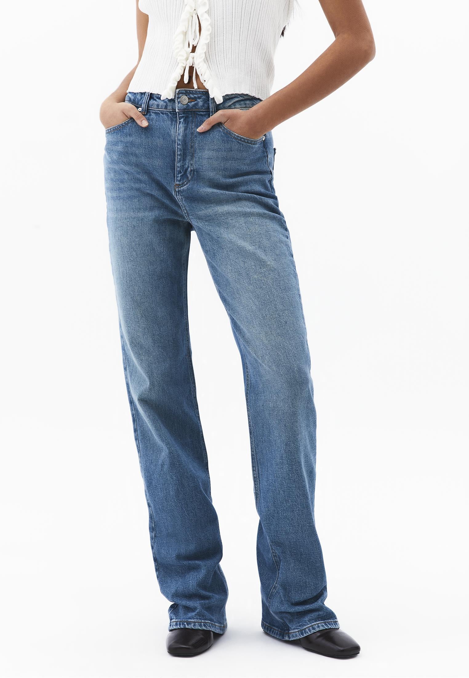Ultra High Waist Five Pocket Straight Leg Pants - RODEO BLUE DENIM
