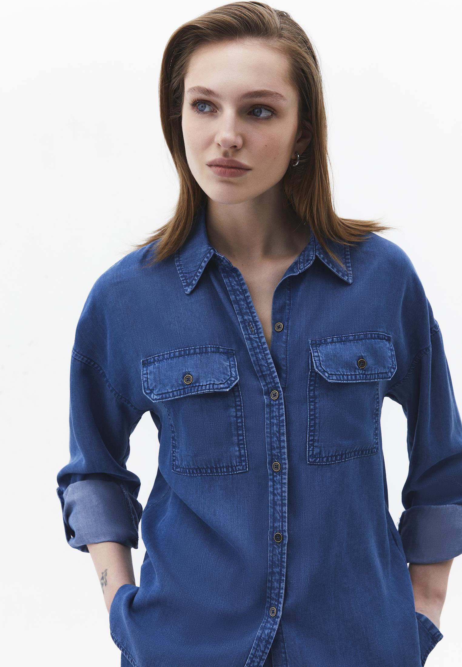 Shirt Collar Long Sleeve Shirt - RODEO BLUE DENIM