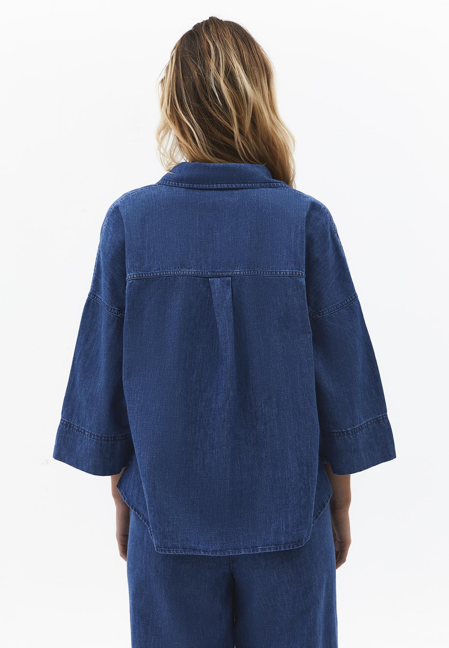 Oversize Shirt Collar Three Quarter Sleeve Denim Shirt - RODEO BLUE DENIM