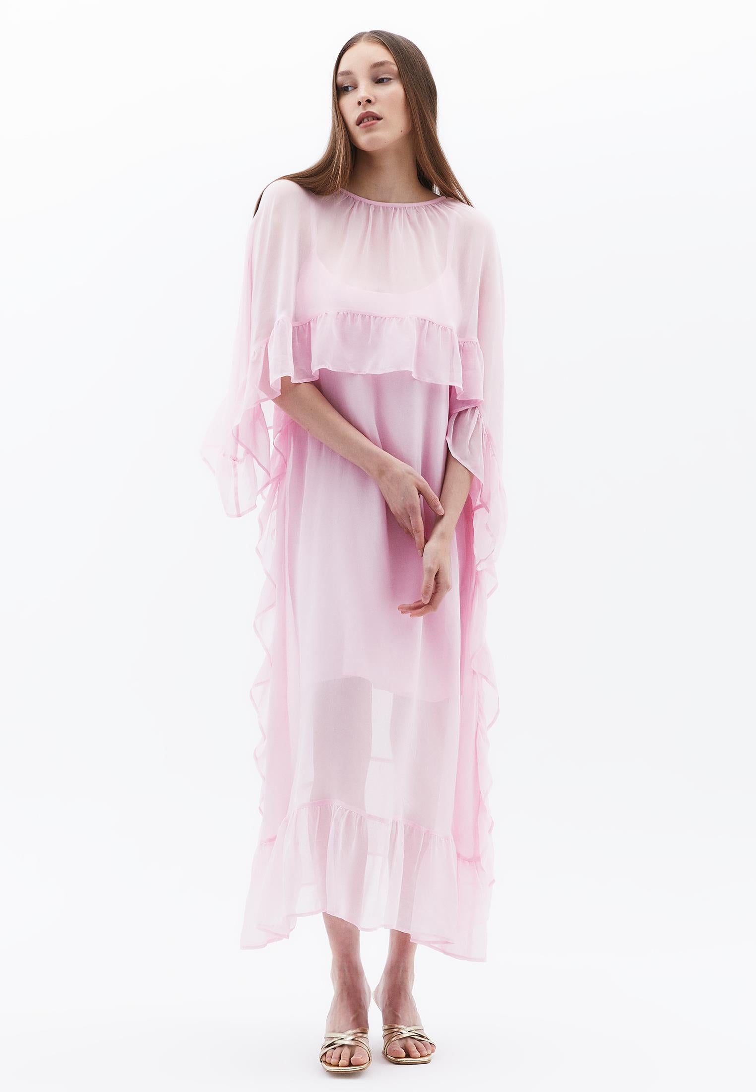 Long Sleeve Off Shoulder Dress With Ruffle Details - ROSEATE SPOONBILL