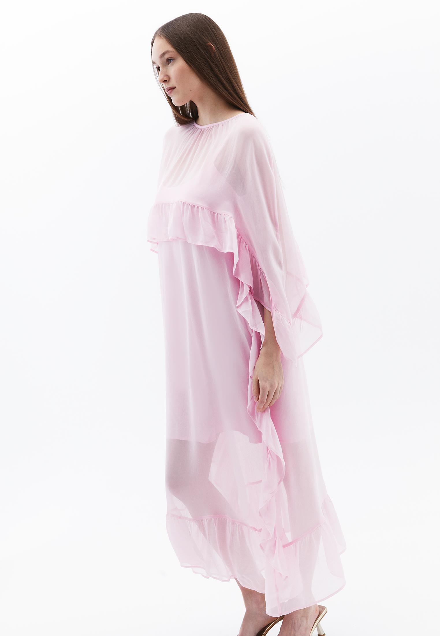 Long Sleeve Off Shoulder Dress With Ruffle Details - ROSEATE SPOONBILL