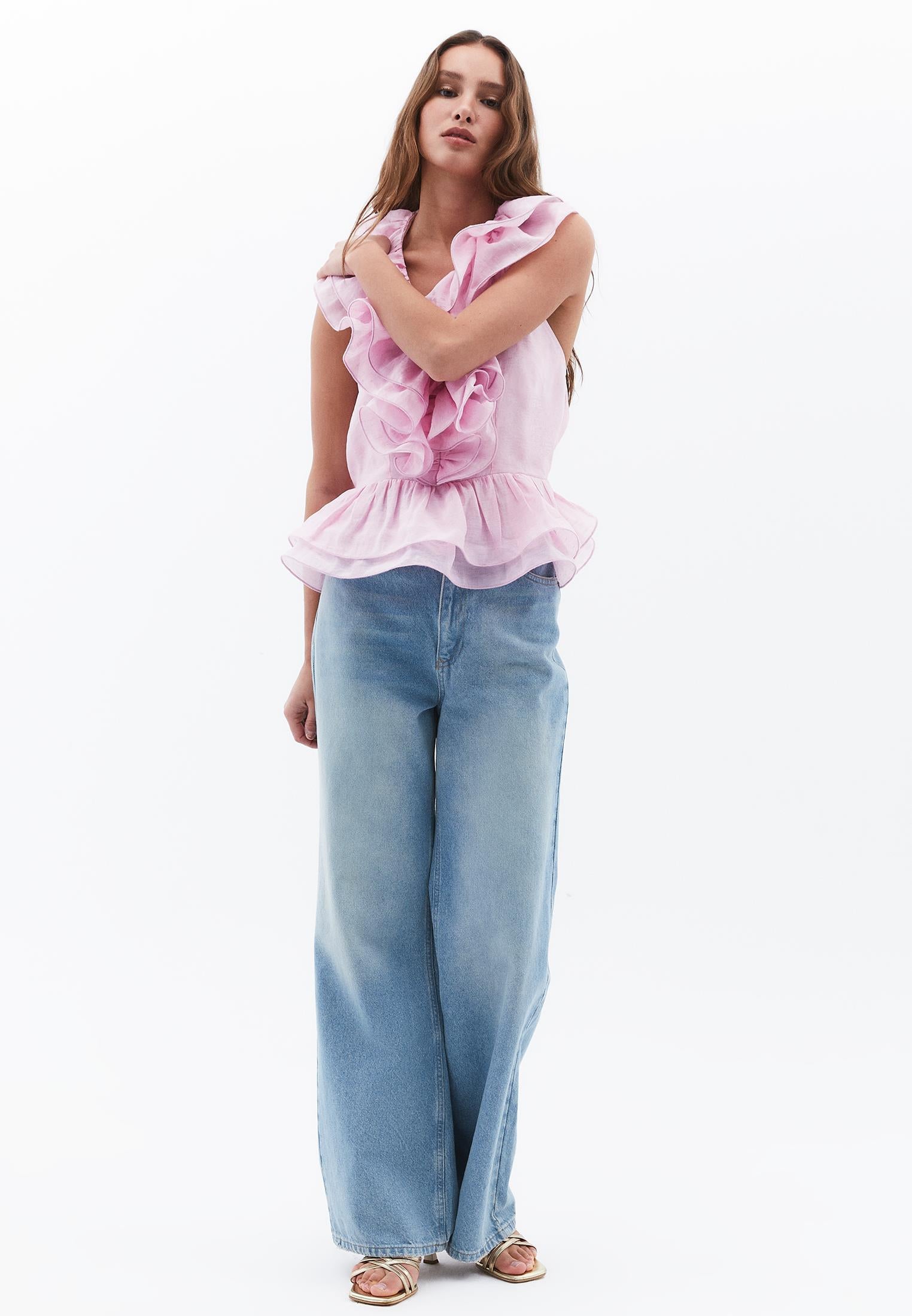 Sleeveless V-Neck Blouse With Ruffle Detail - ROSEATE SPOONBILL