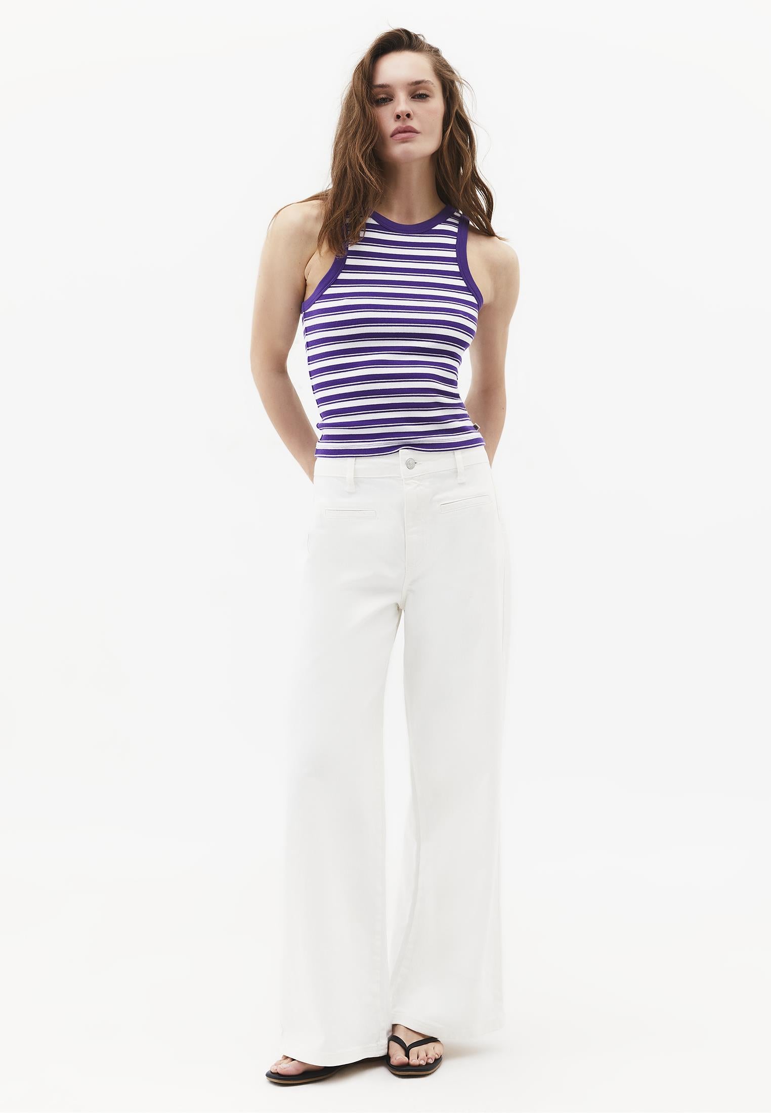 Crew Neck Bodycon Tank Top - WHITE/ROYAL PURPLE STRIPED