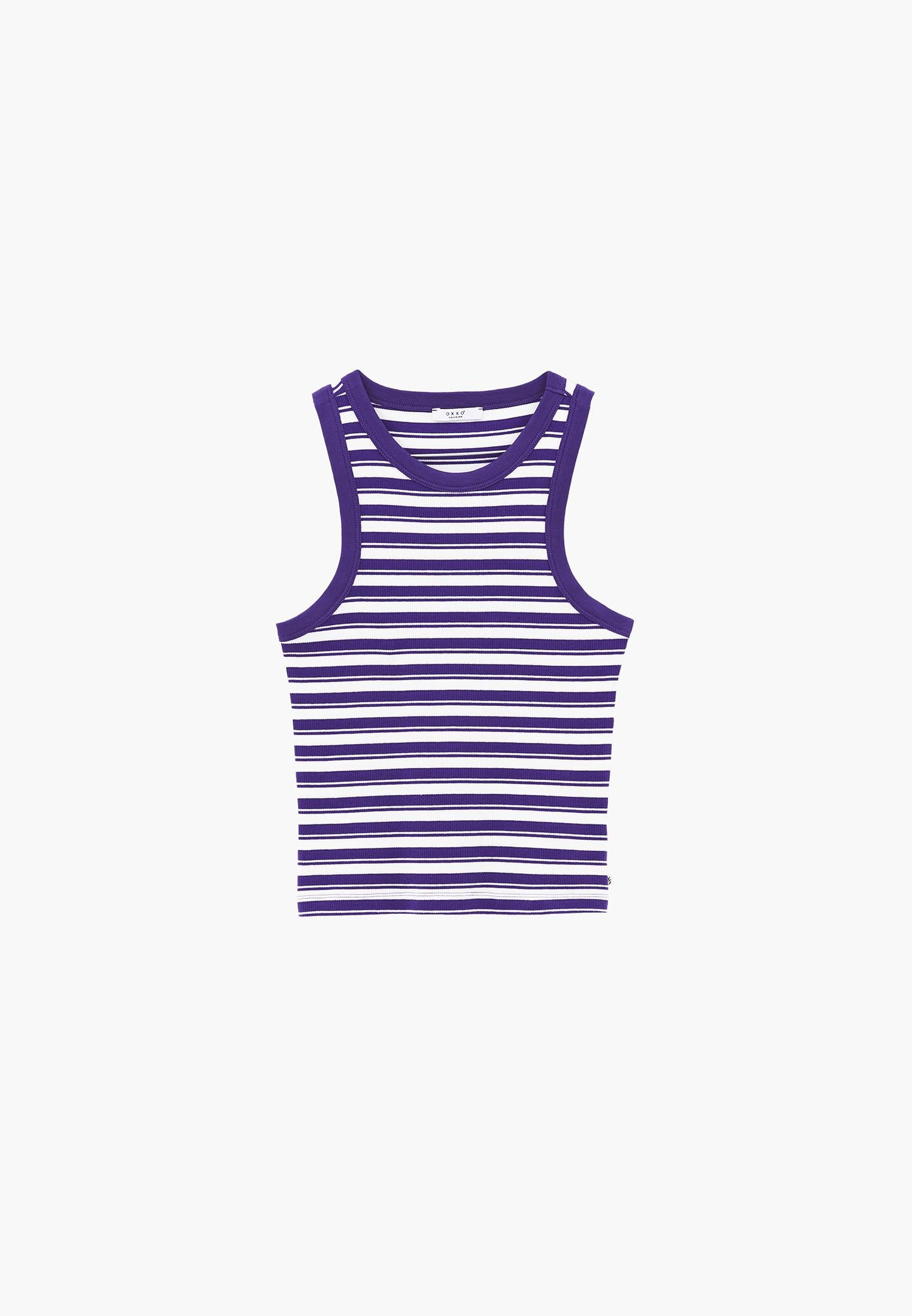 Crew Neck Bodycon Tank Top - WHITE/ROYAL PURPLE STRIPED